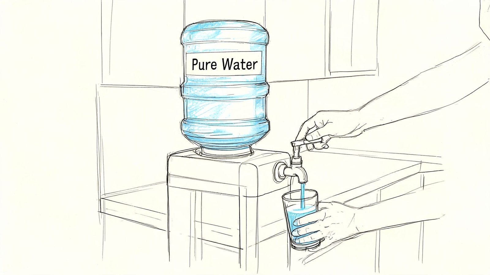 A hand filling a glass with water from a desktop water dispenser labeled Pure Water.