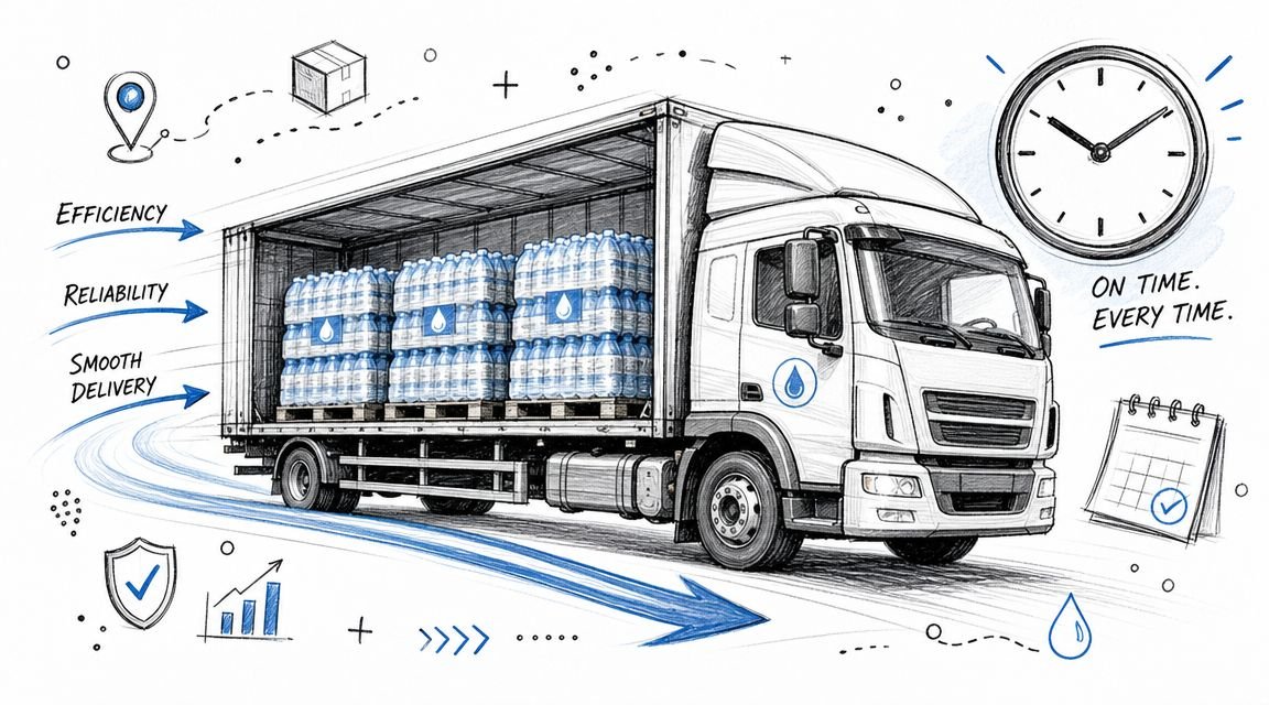 A line drawing illustration of a delivery truck transporting bottled water with symbols for efficiency and reliability.