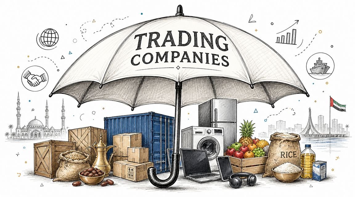 A hand-drawn illustration depicting an umbrella protecting various trade goods, global logistics icons, and a mosque skyline.