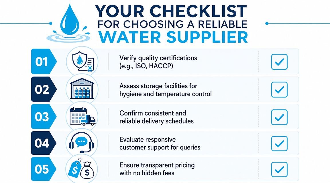 A checklist of five essential factors for choosing a reliable and professional water supplier for businesses.