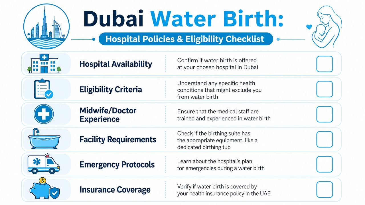 A checklist for expecting mothers in Dubai covering hospital policies and eligibility requirements for a water birth.