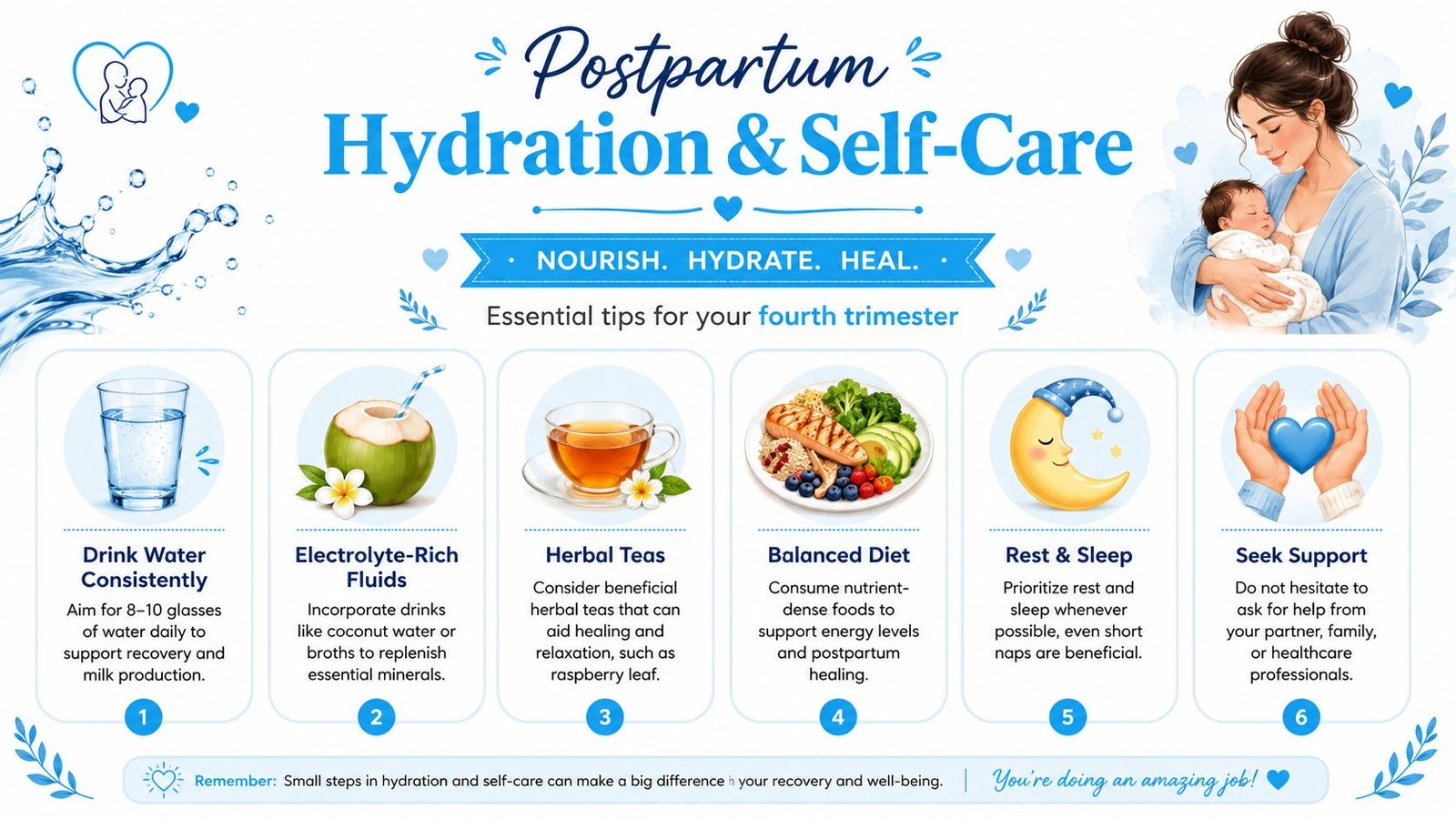 An infographic titled Postpartum Hydration and Self-Care offering tips for nutrition, hydration, sleep, and seeking support.