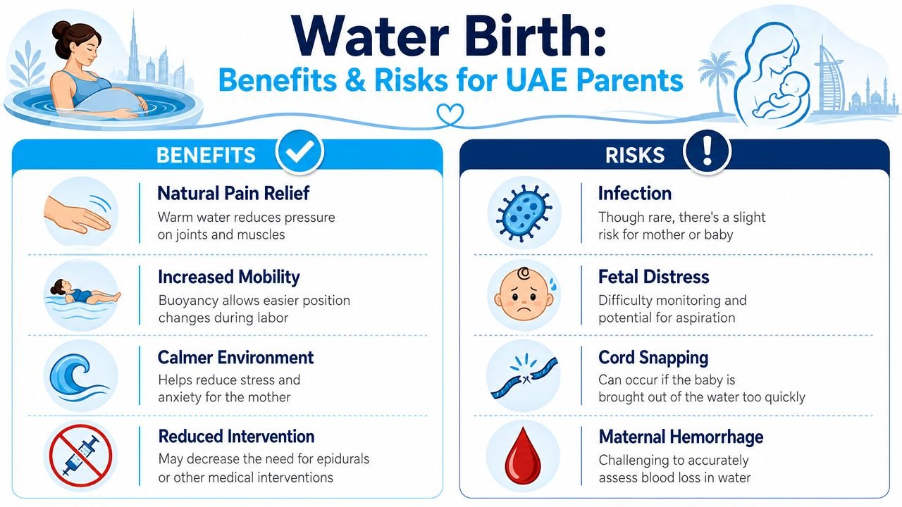 An infographic detailing the various medical benefits and potential risks associated with water birth for parents in Dubai.