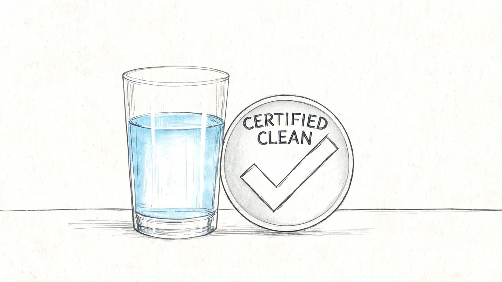 A hand-drawn illustration of a glass of water next to a circle badge labeled Certified Clean.