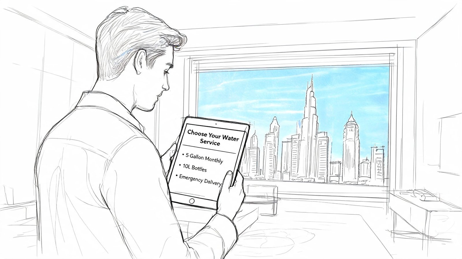 A man looks at a tablet displaying water delivery options against a backdrop of a city skyline.