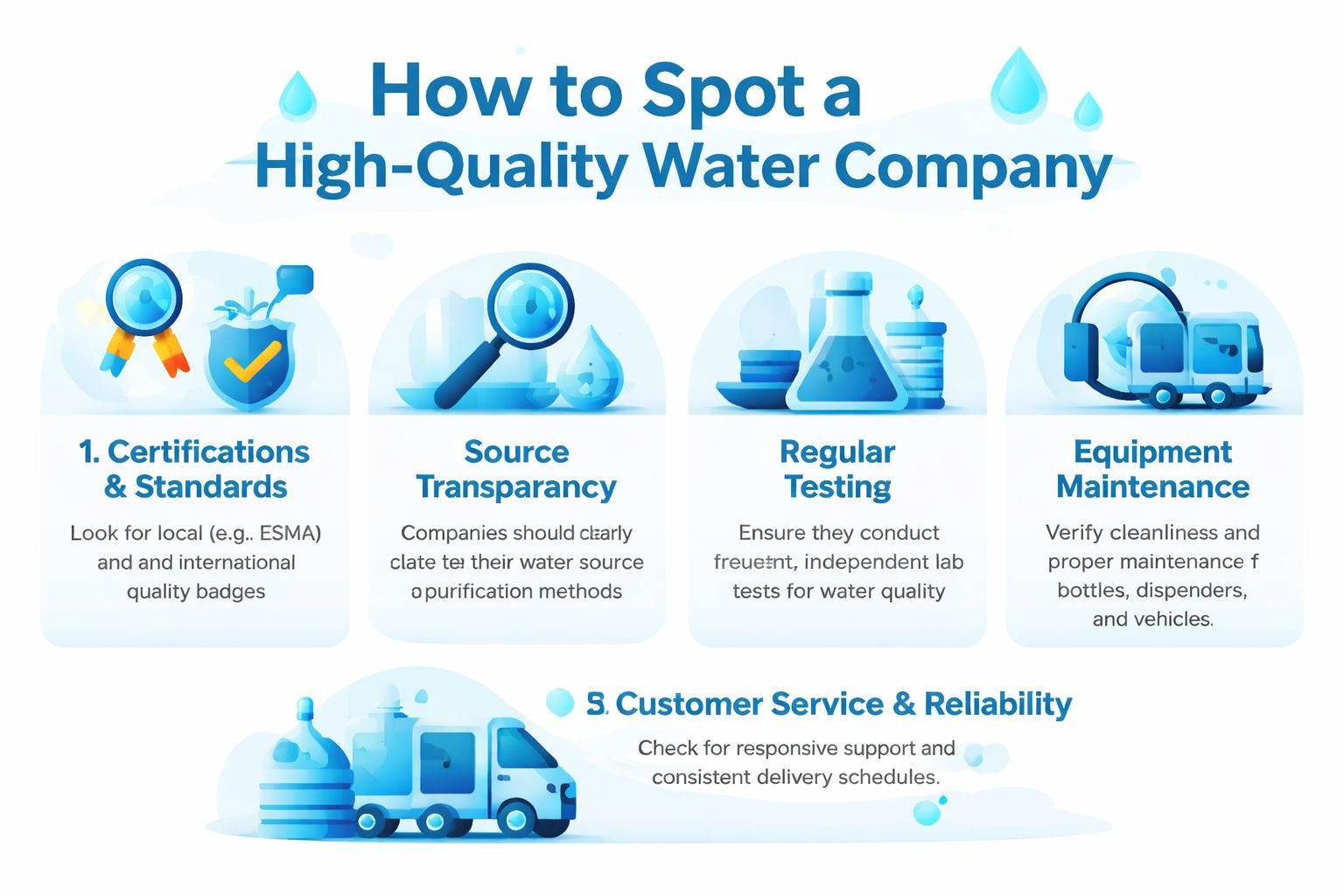 An infographic titled How to Spot a High-Quality Water Company listing five key selection criteria for consumers.