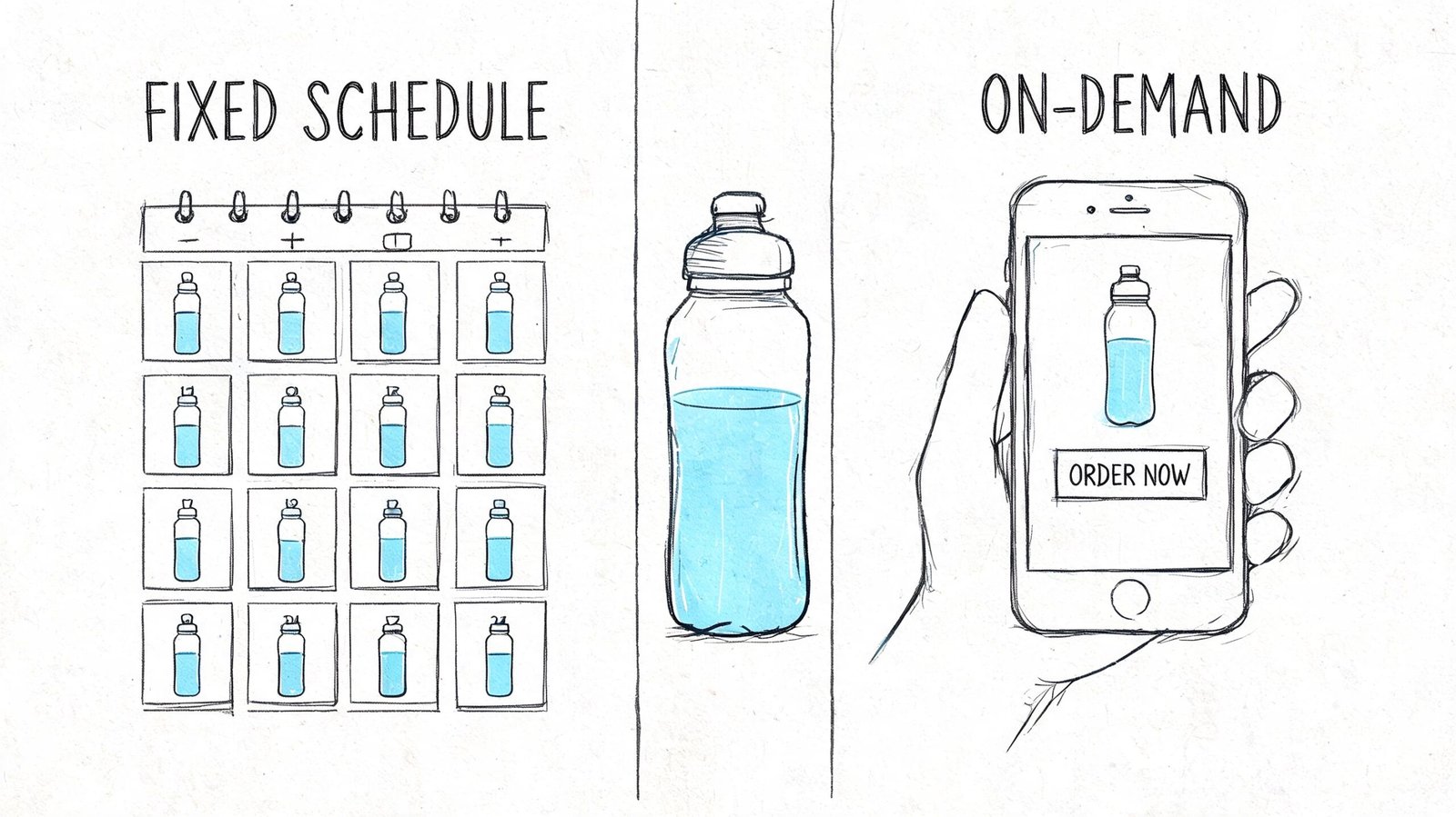 A diagram comparing a fixed delivery schedule with an on-demand water ordering service via mobile app.