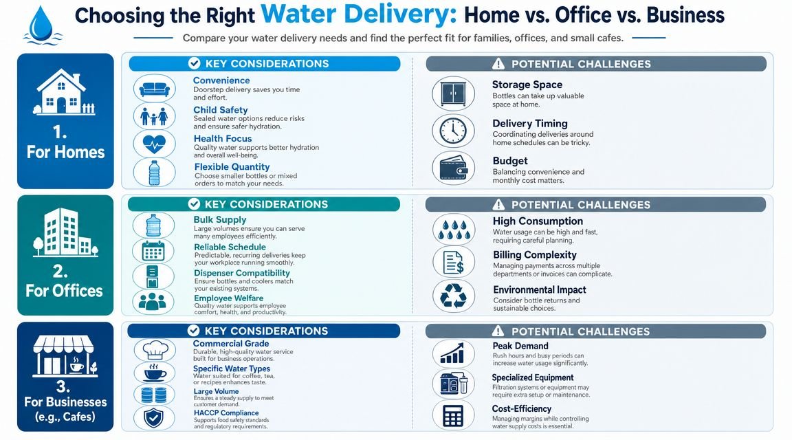 A comparison chart outlining key considerations and potential challenges for water delivery in homes, offices, and businesses.