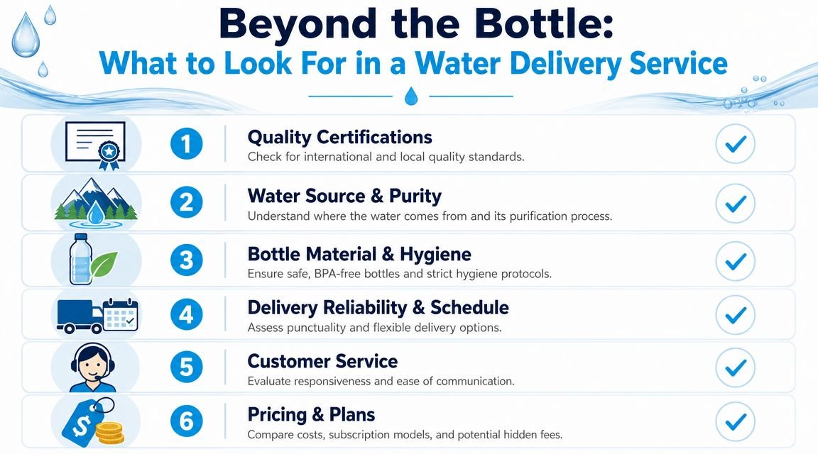 A checklist infographic titled Beyond the Bottle listing six factors for selecting a water delivery service.