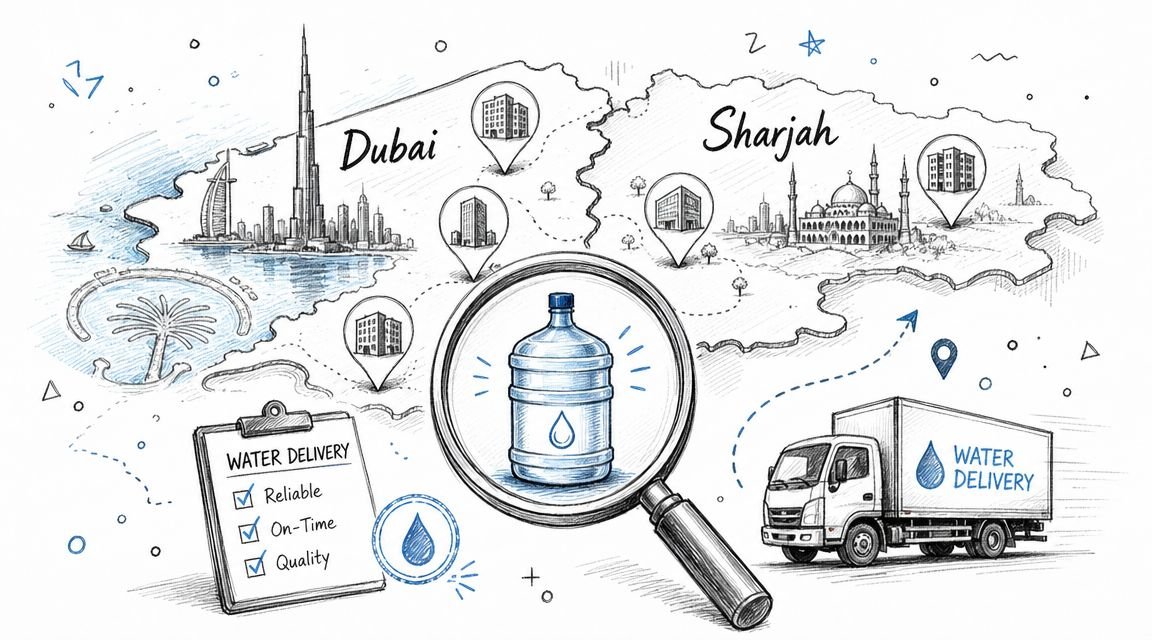 A hand-drawn illustration depicting water delivery services across Dubai and Sharjah with a truck and magnifying glass.