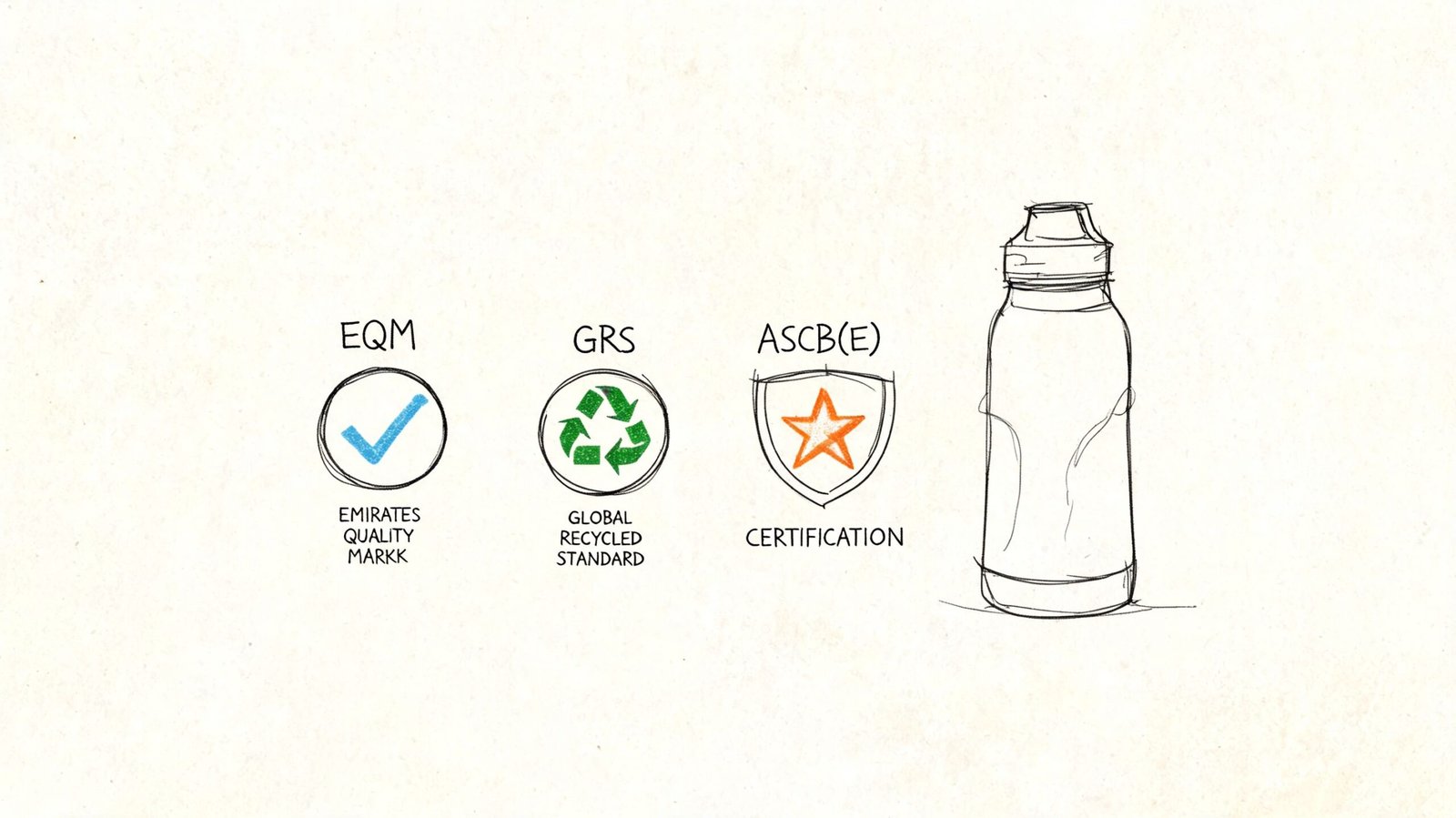 A hand-drawn illustration featuring certification icons for EQM, GRS, and ASCB(E) alongside a reusable water bottle.