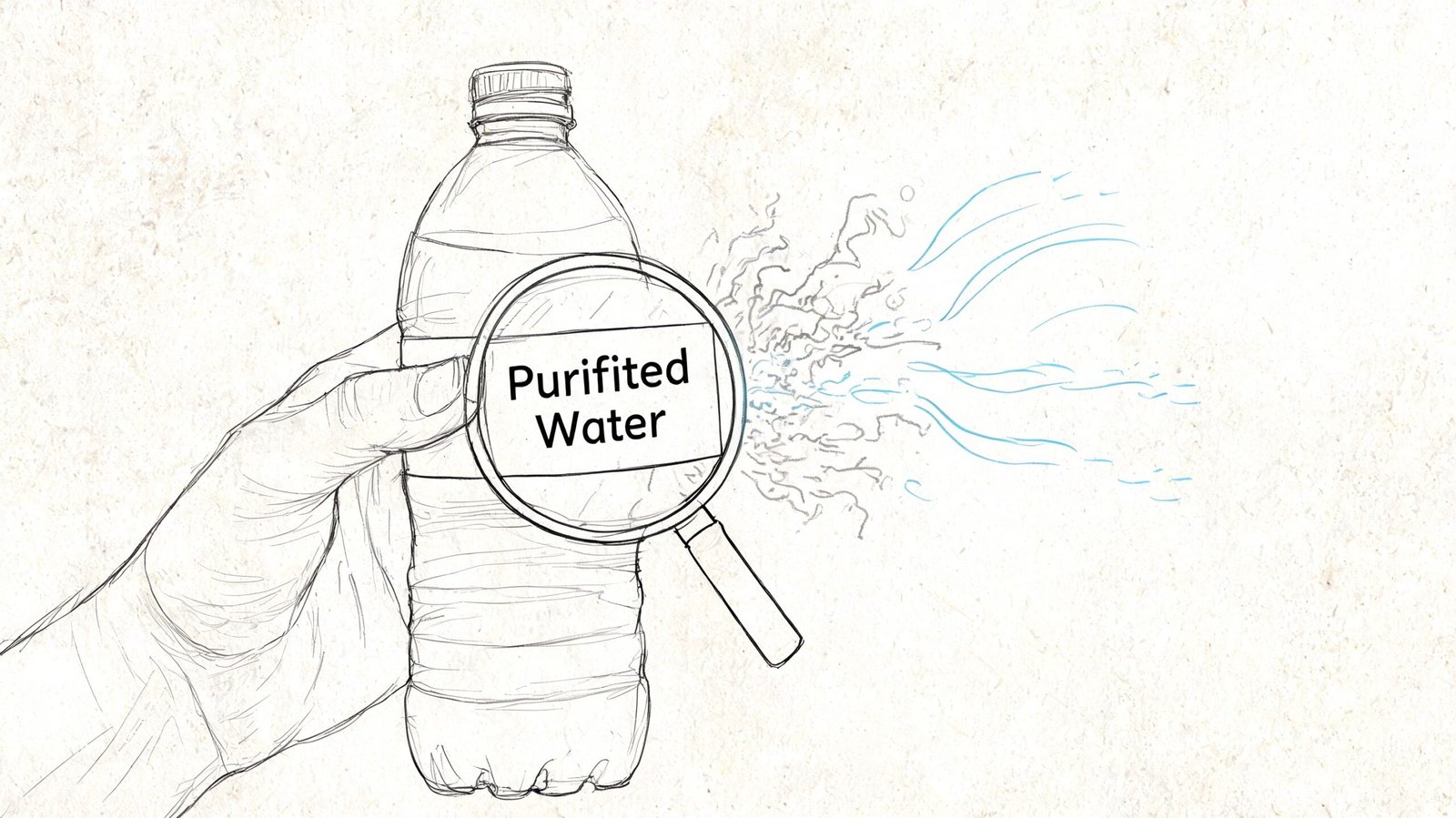 A hand holding a water bottle with a magnifying glass zooming in on the Purified Water label.