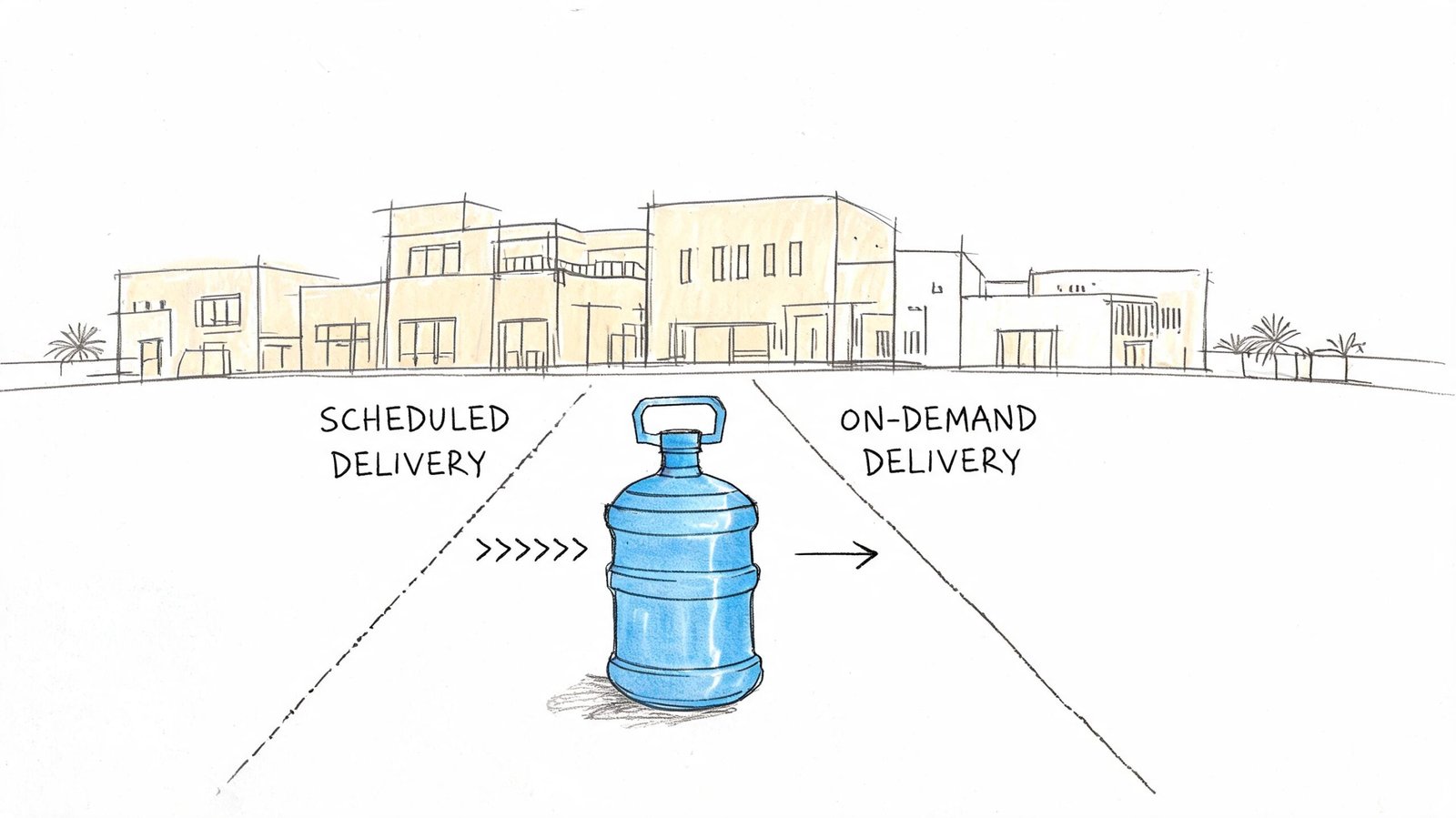 A hand-drawn illustration showing scheduled and on-demand water delivery services to buildings with a water jug.