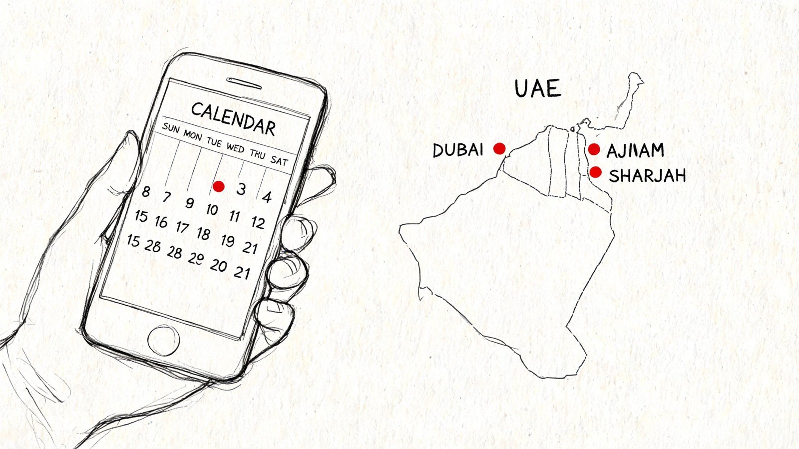 A hand holding a smartphone showing a calendar next to a map of the UAE marking cities.