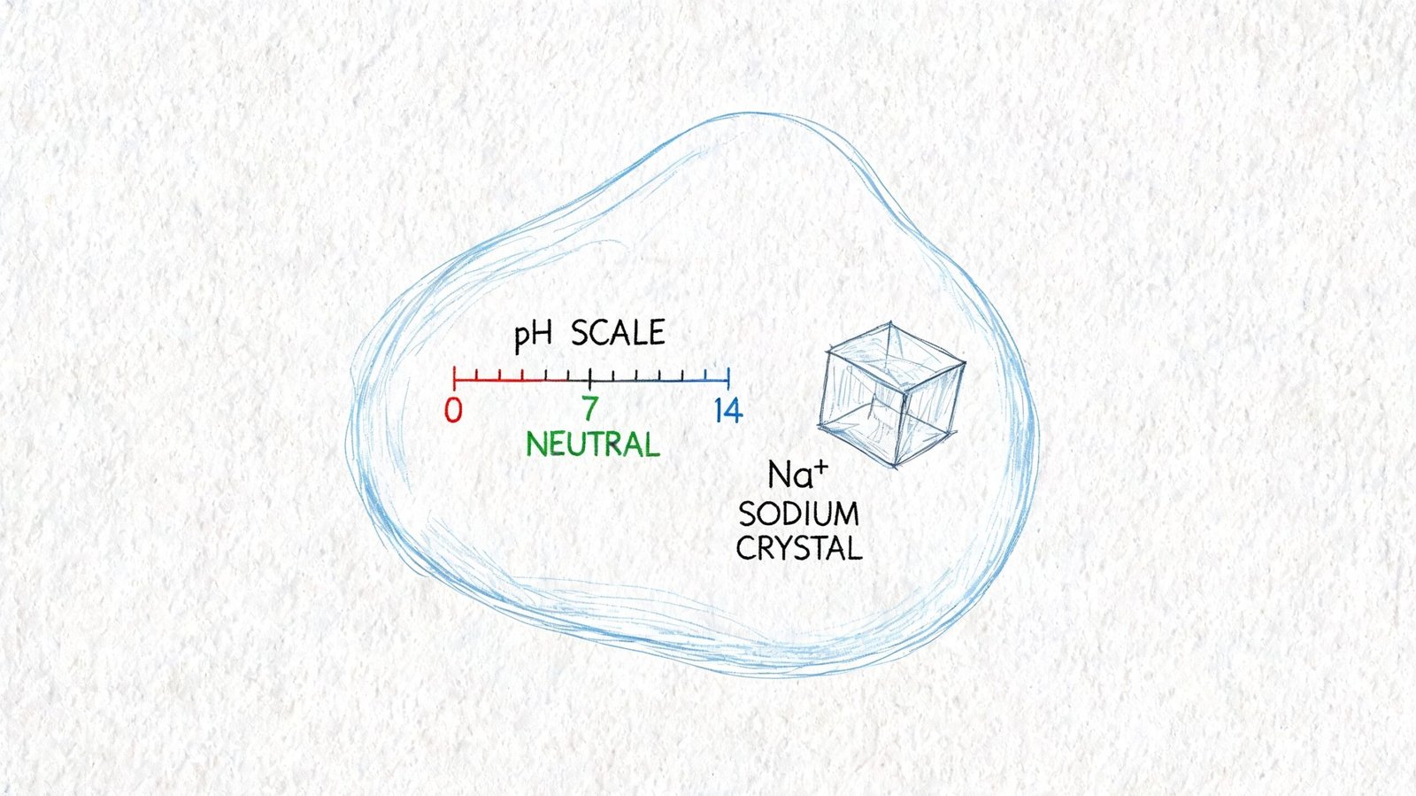 A diagram illustrating the pH scale alongside a sodium crystal inside a sketched outline representing water.