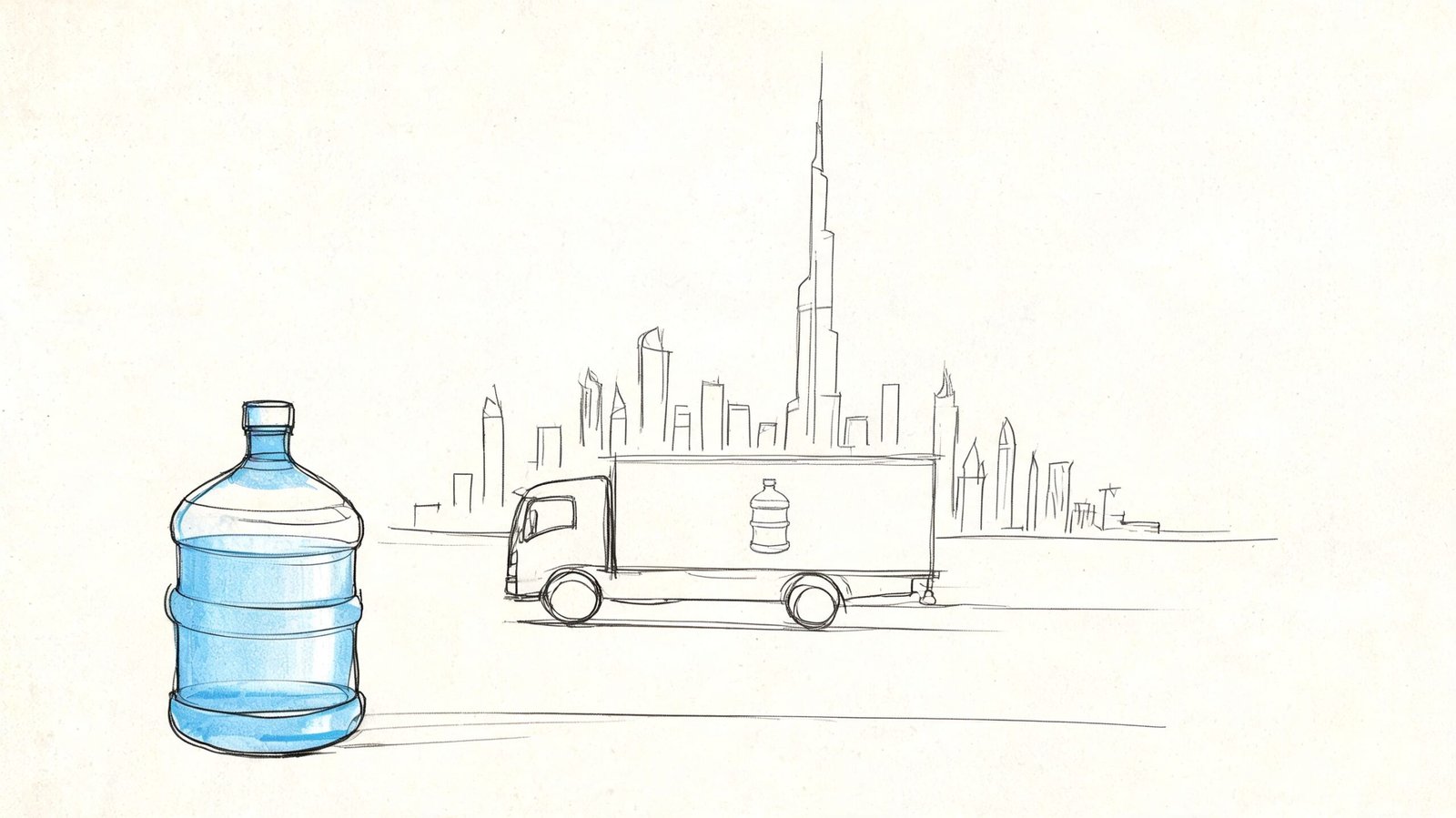 A line drawing illustration featuring a water delivery truck in front of the Dubai skyline.