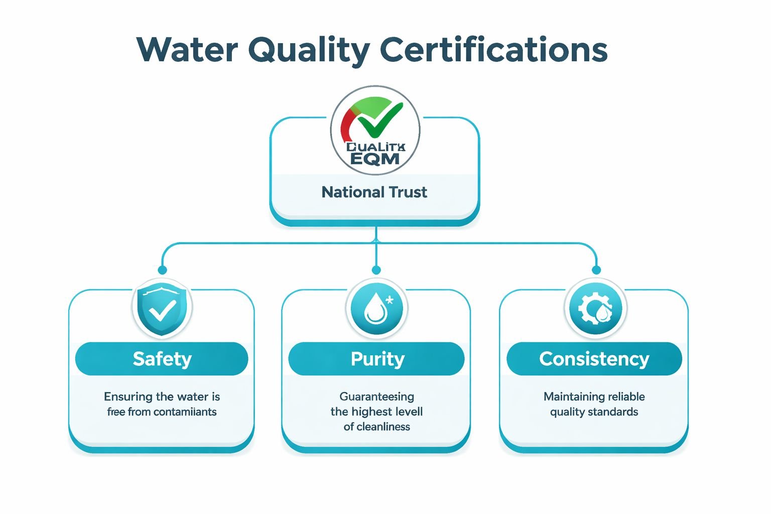 A diagram illustrating water quality certifications for a water company, focusing on safety, purity, and consistency standards.