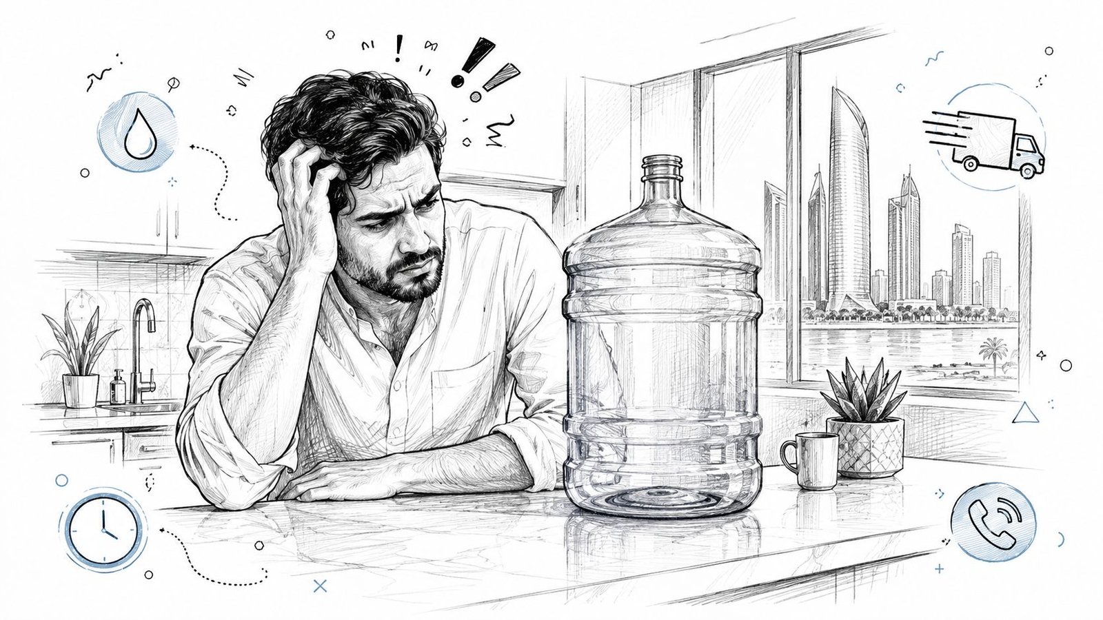 A frustrated man looking at an empty water jug in his kitchen with city icons, water delivery abu dhabi.