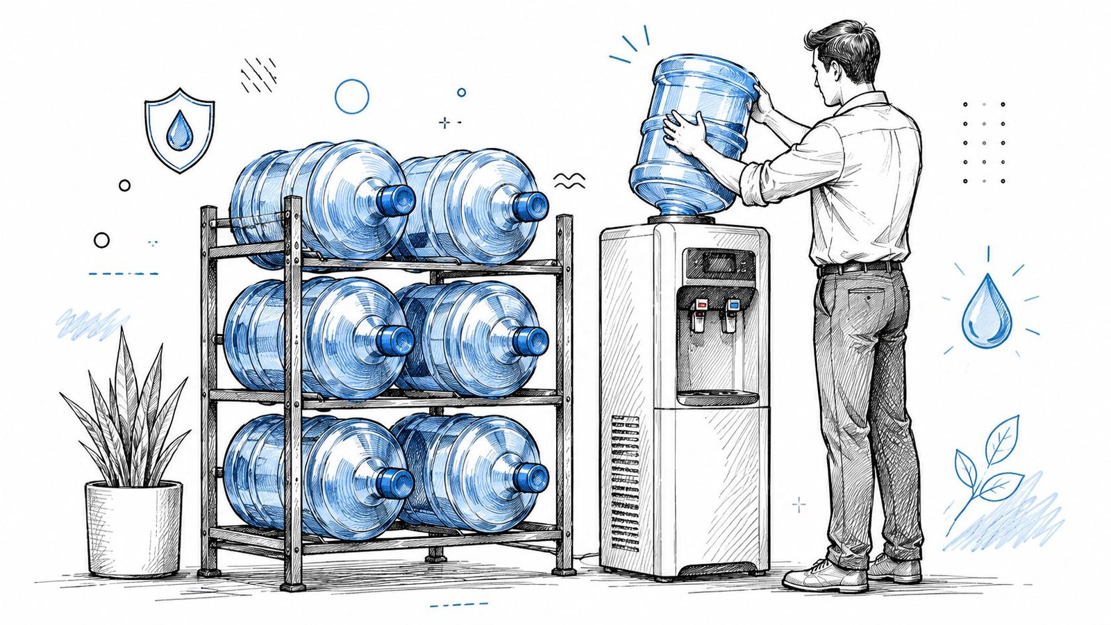 A man in a shirt changing a water jug on a cooler next to a storage rack.