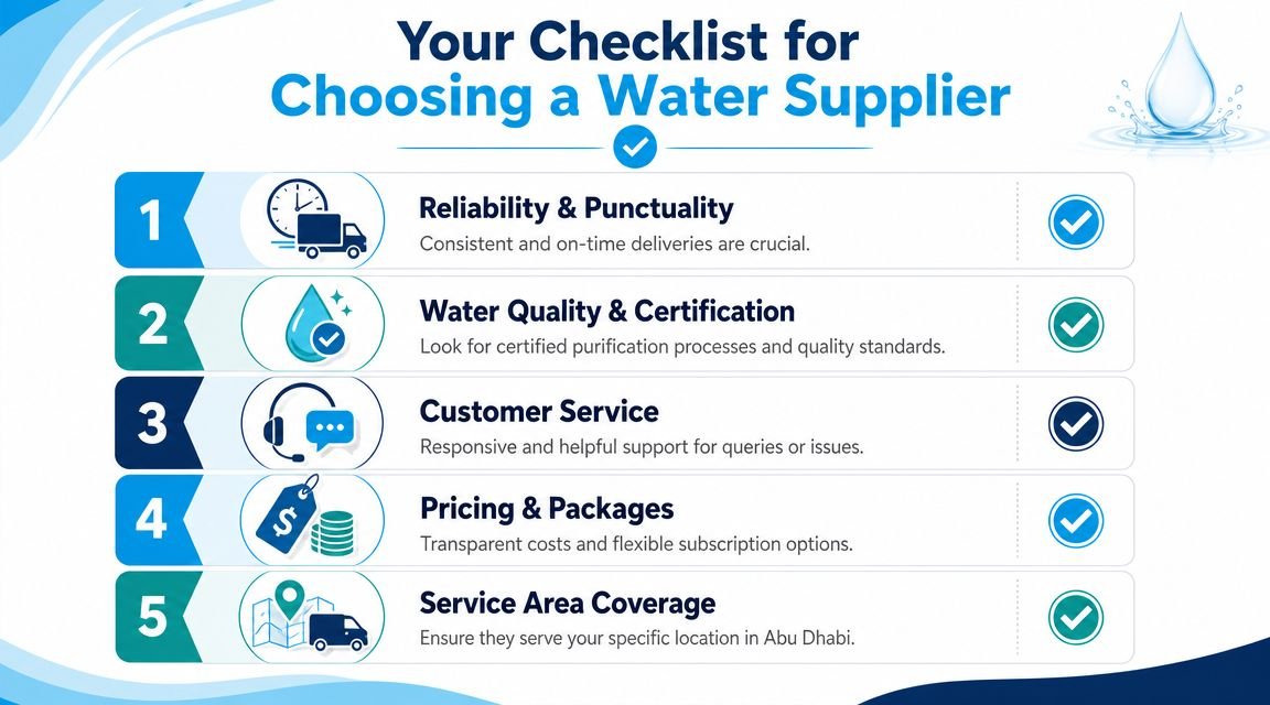 A checklist of five essential factors for selecting a reliable water delivery supplier in Abu Dhabi.