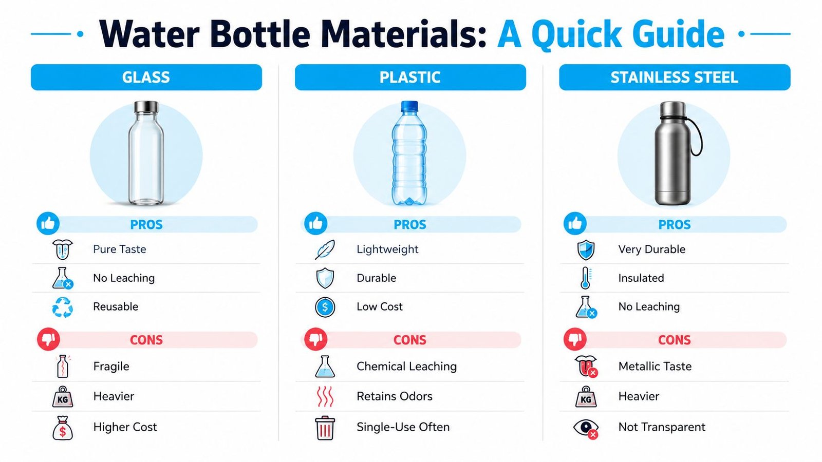 A comparative infographic showing the pros and cons of glass, plastic, and stainless steel water bottles.