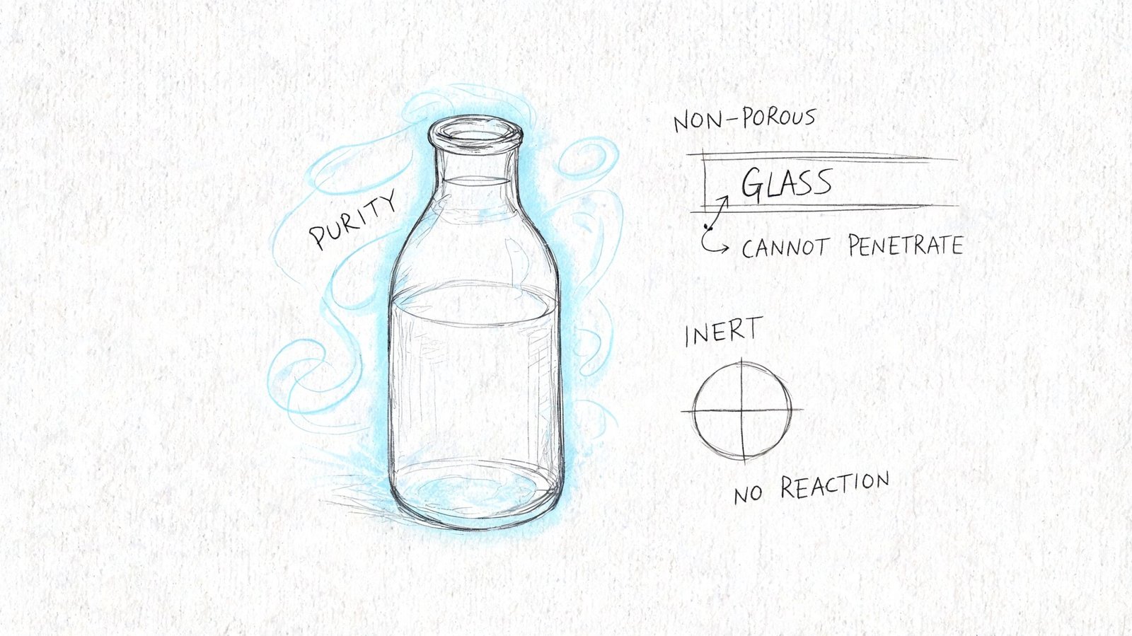 A hand-drawn sketch of a glass bottle illustrating its non-porous and inert chemical properties.