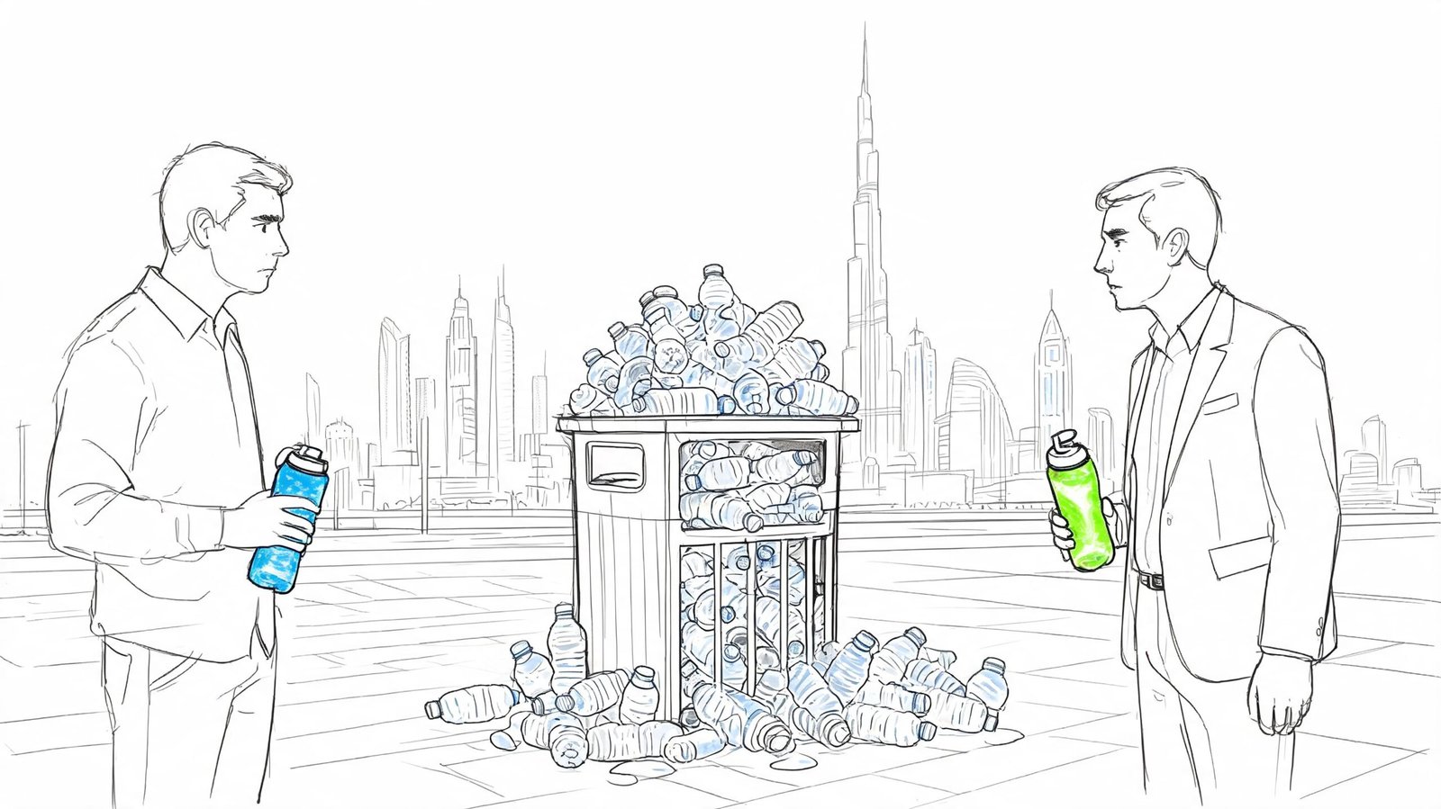 Two men standing near an overflowing trash bin full of plastic bottles in front of a city skyline.