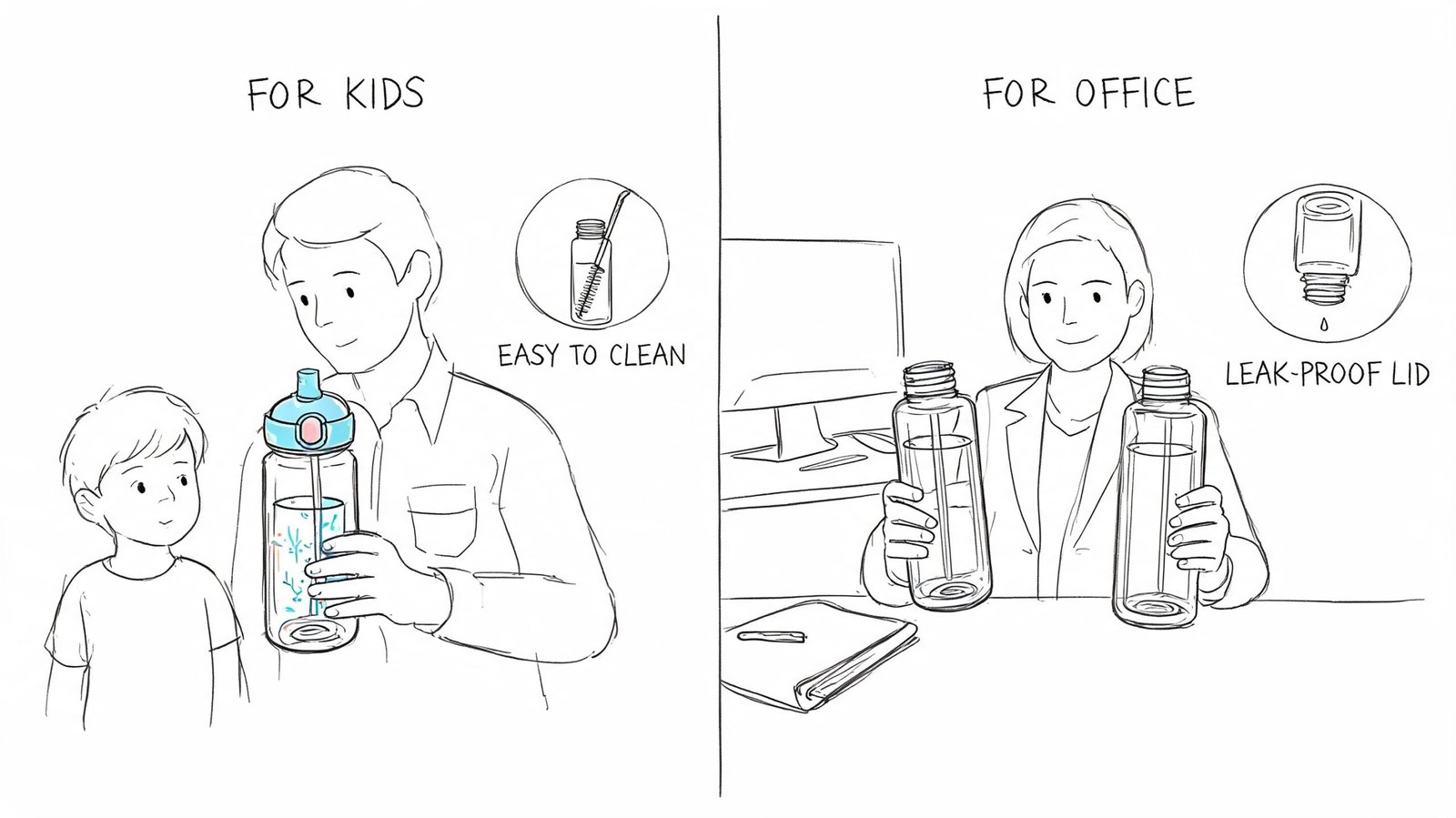 A line drawing comparison showing a water bottle for kids with a straw and an office water bottle.