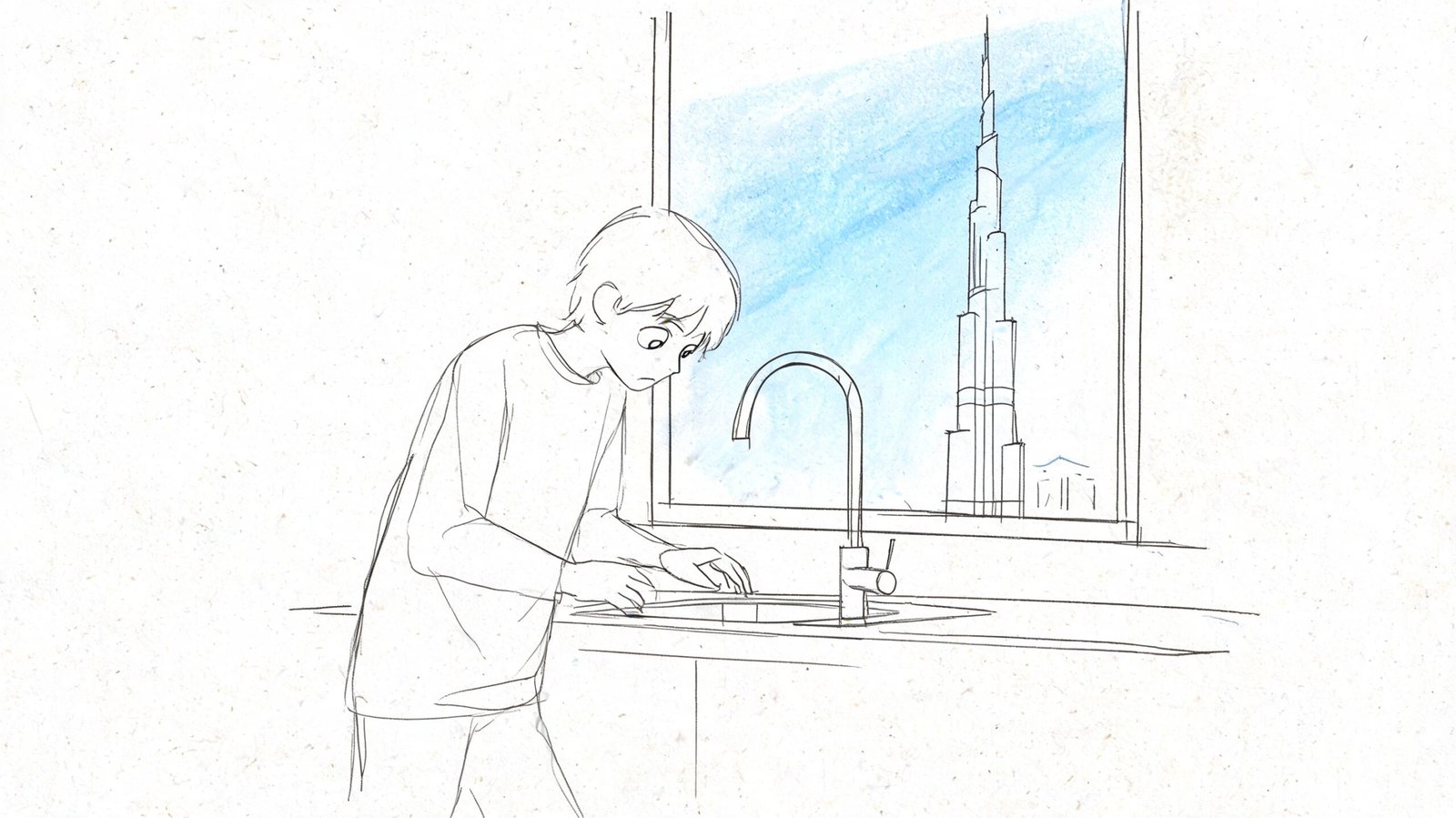 A hand-drawn sketch of a boy standing at a kitchen sink with the Burj Khalifa in view.