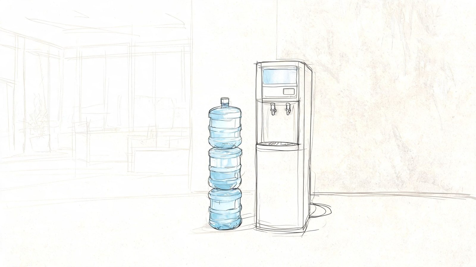 A digital sketch showing a water cooler standing next to a stack of three large water bottles.