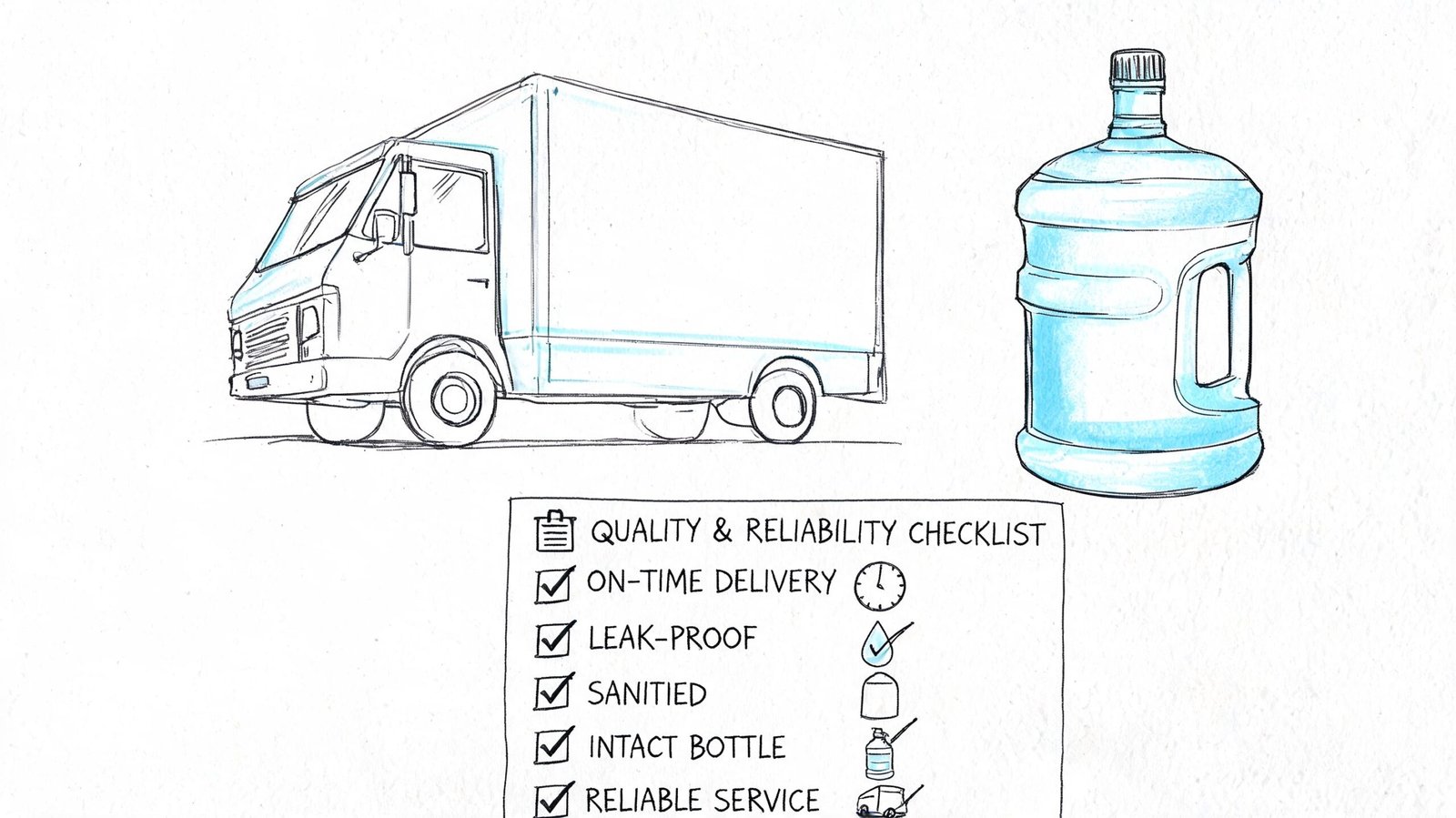 A line drawing illustration showing a delivery truck, a large water bottle, and a quality checklist.
