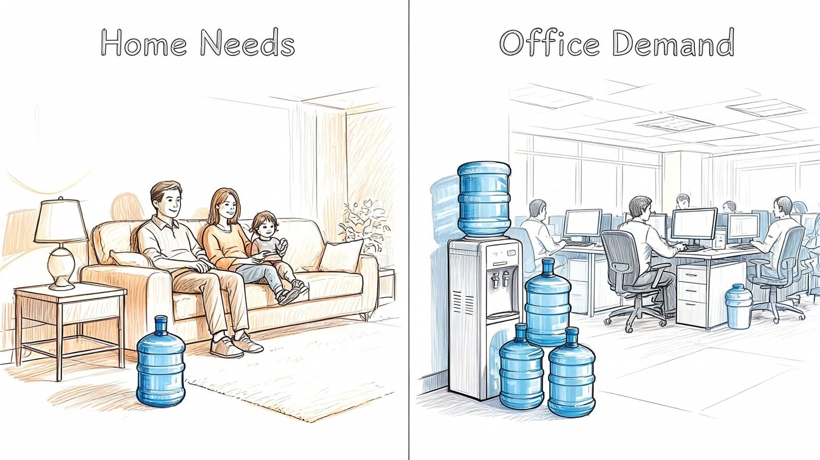 A split image illustration comparing home water needs with higher water consumption demands in a busy office.