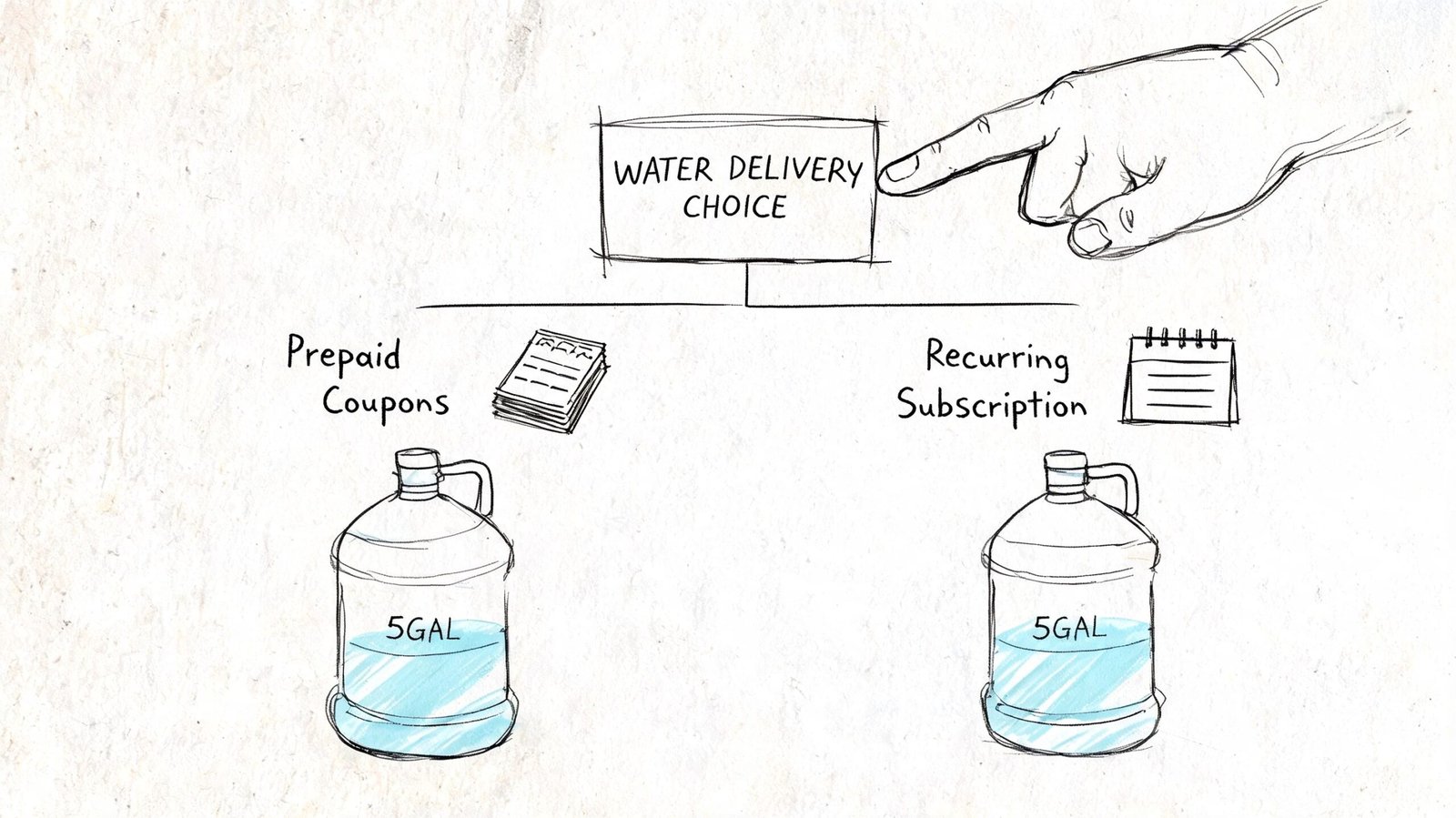 A hand pointing to a chart showing two options for water delivery: prepaid coupons or recurring subscription.