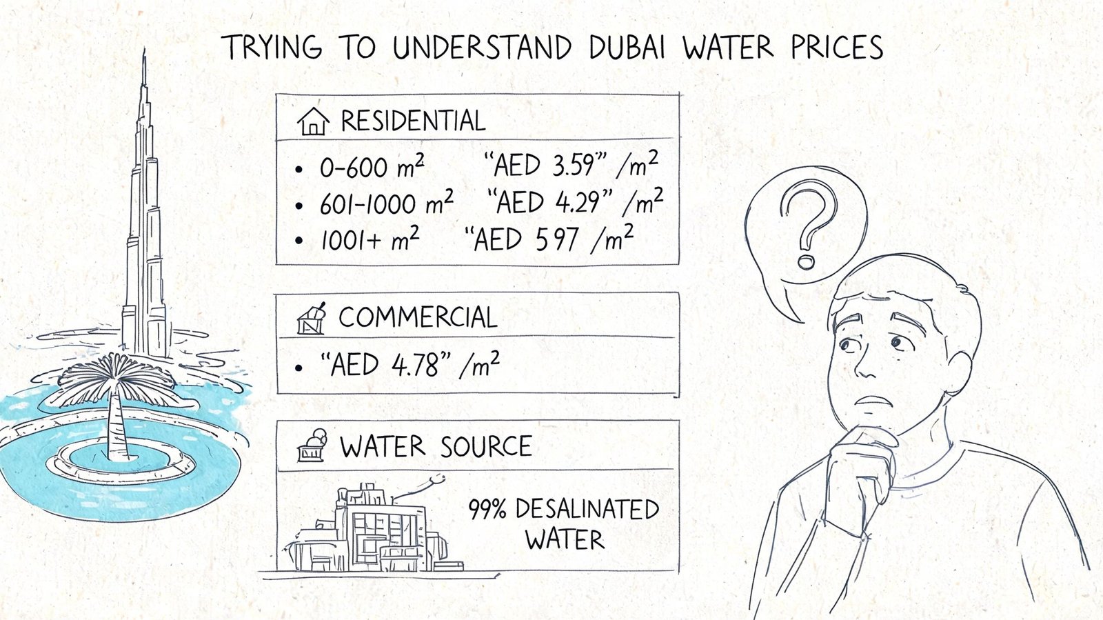 An illustrated infographic explaining water price tiers in Dubai for residential and commercial usage.