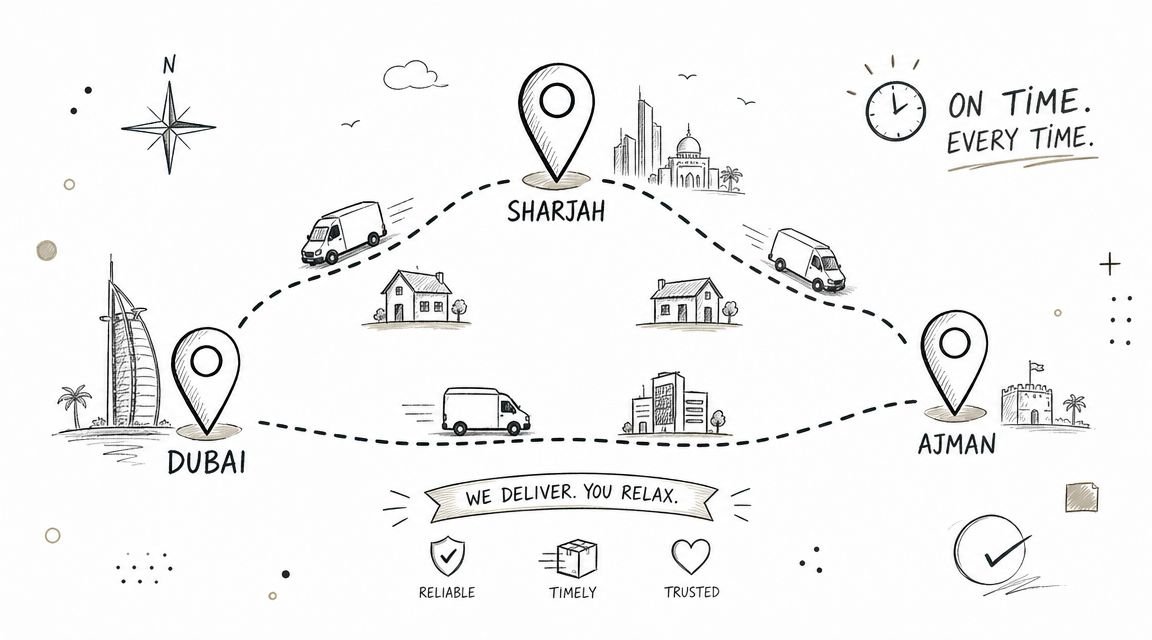 A hand-drawn illustration showing delivery routes connecting Dubai, Sharjah, and Ajman with vans and city landmarks.