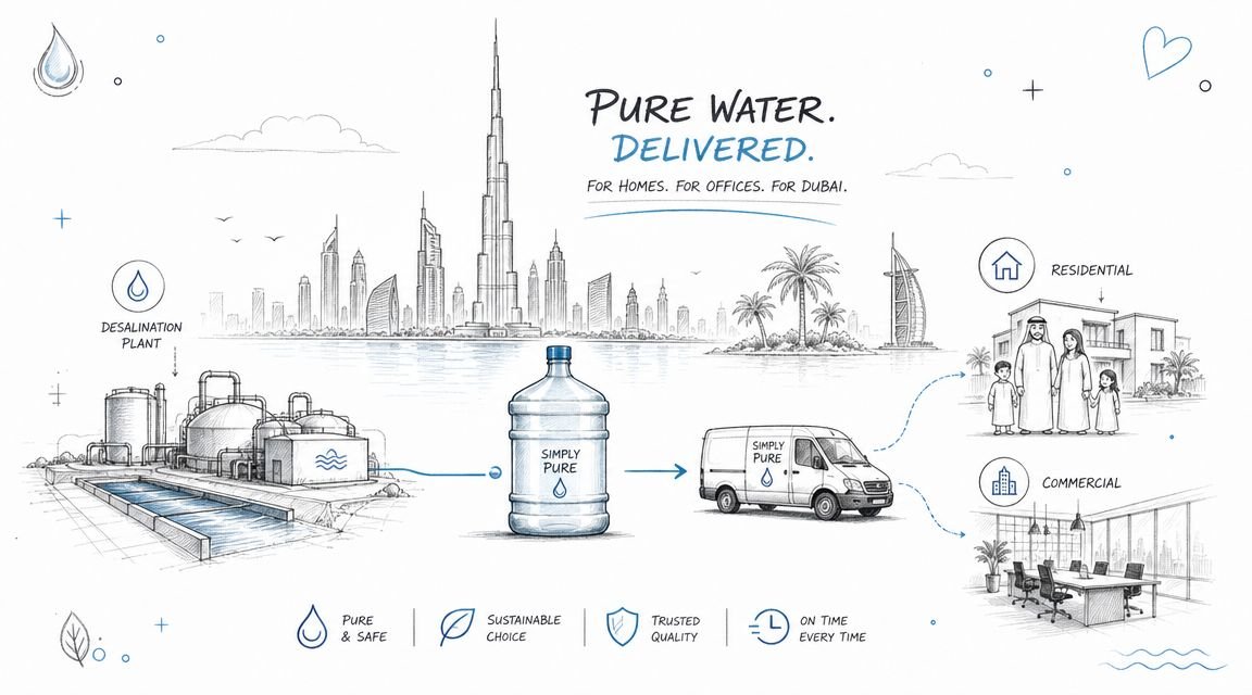 A professional illustration of a Dubai water delivery service, showing the process from desalination to home and office.