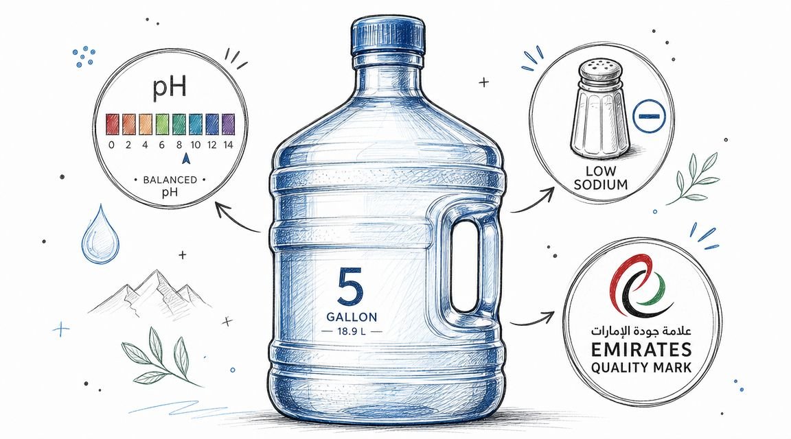 A five-gallon water jug illustration with pH scale, low sodium sign, and Emirates Quality Mark symbol.