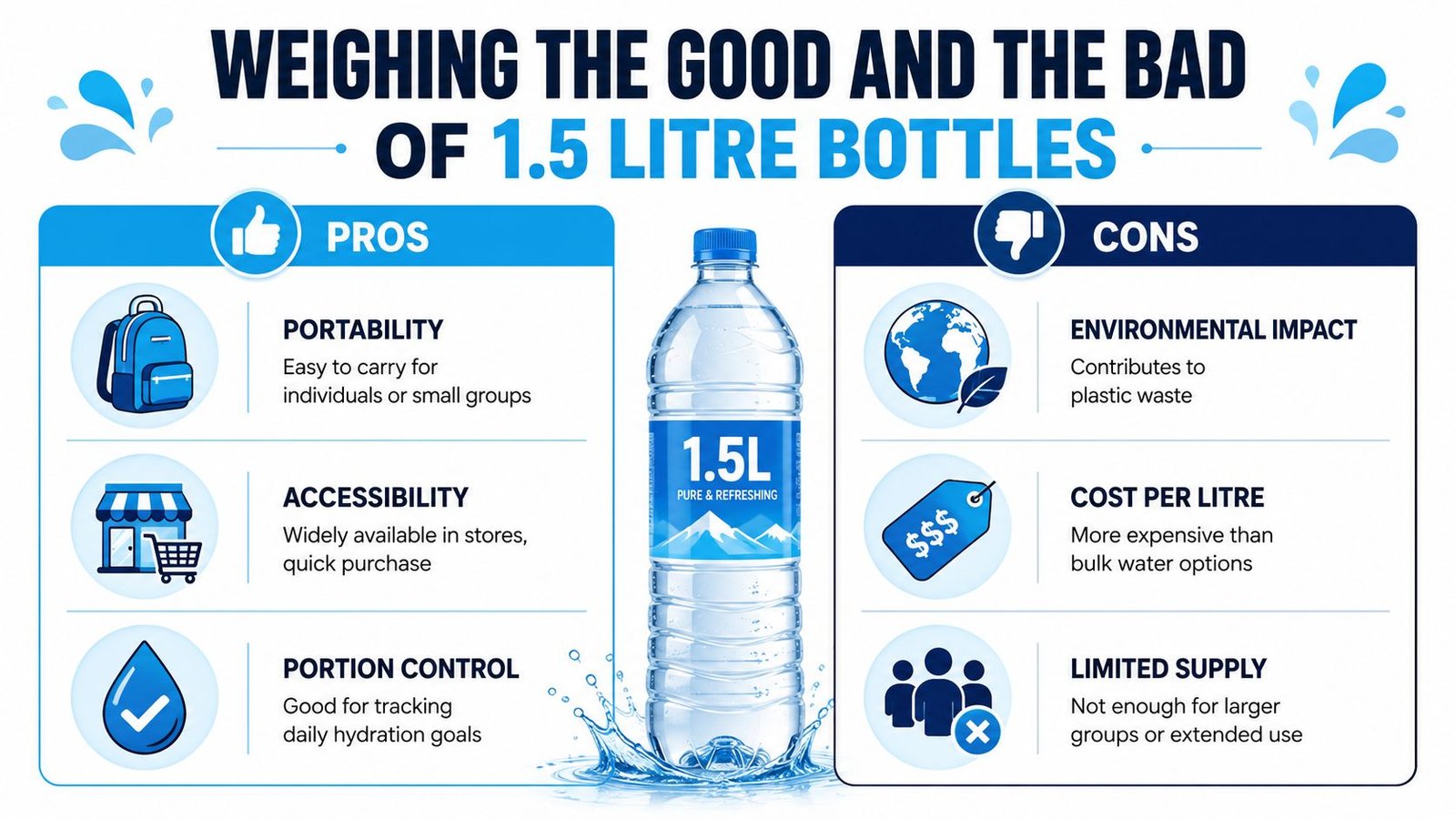 An infographic titled Weighing the Good and the Bad of 1.5 Litre Bottles with pros and cons listed.