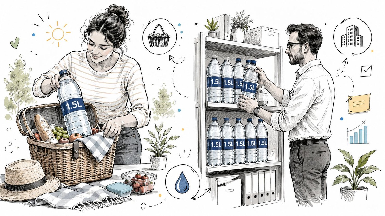 A split composition illustration showing a woman packing a picnic basket and a man shopping for bottled water.
