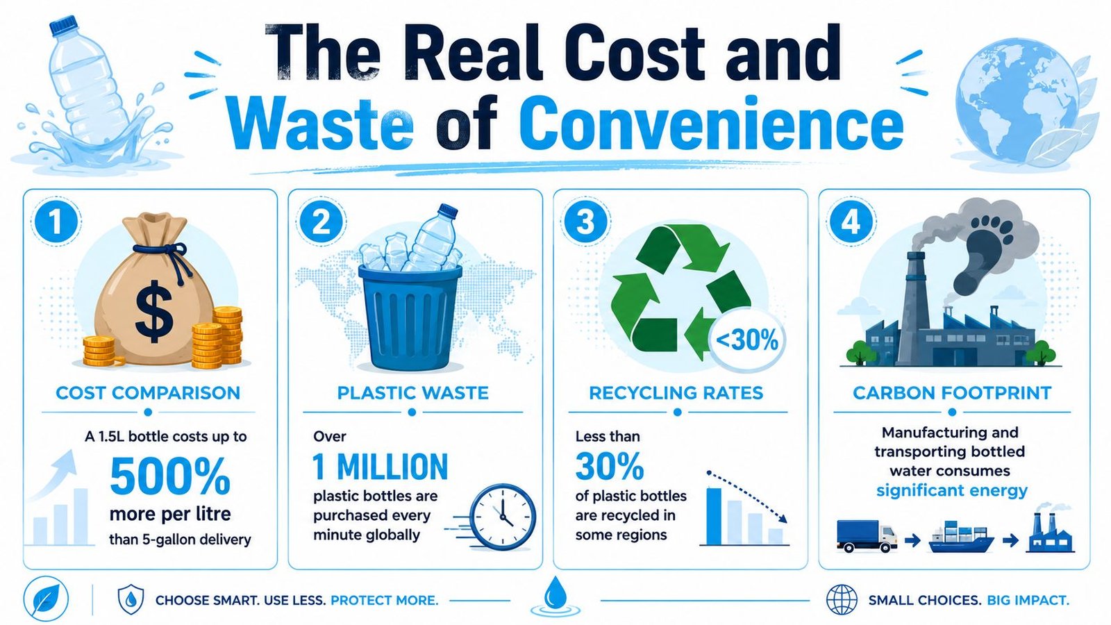 An infographic titled The Real Cost and Waste of Convenience illustrating the negative impact of bottled water consumption.