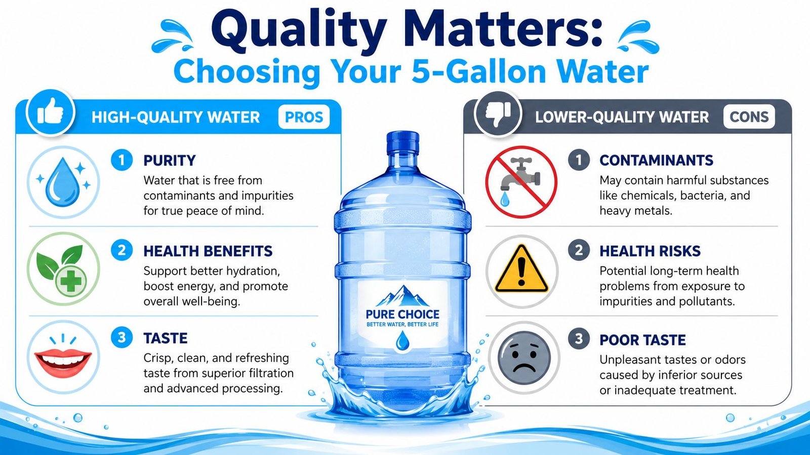 A comparative infographic showing the benefits of high-quality water versus the risks of lower-quality water.