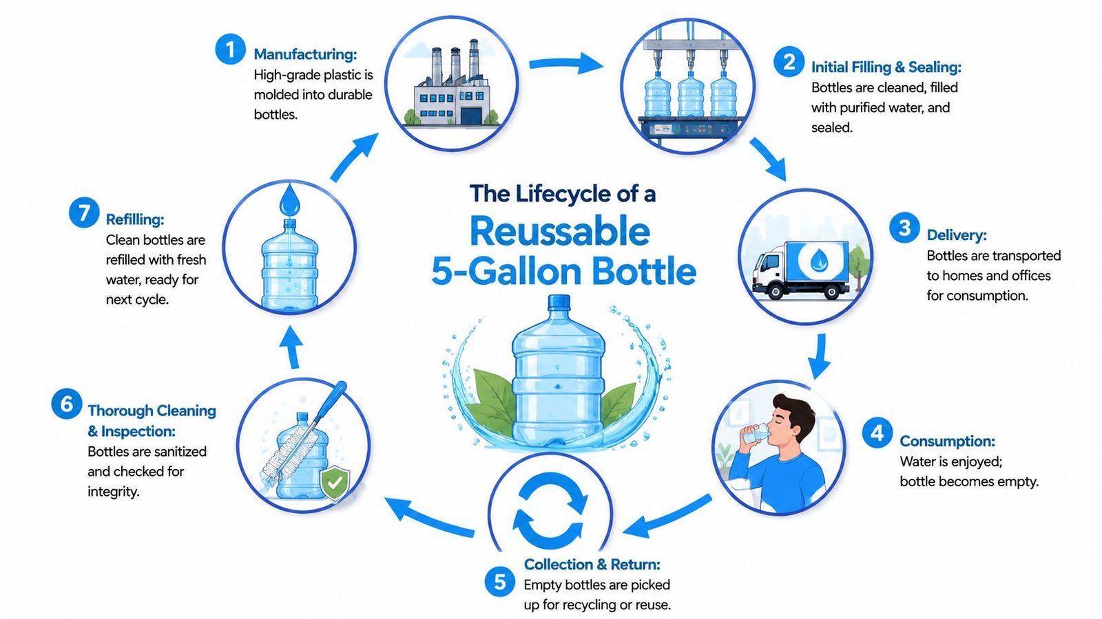 An infographic detailing the lifecycle of a reusable 5-gallon water bottle from manufacturing to recycling.