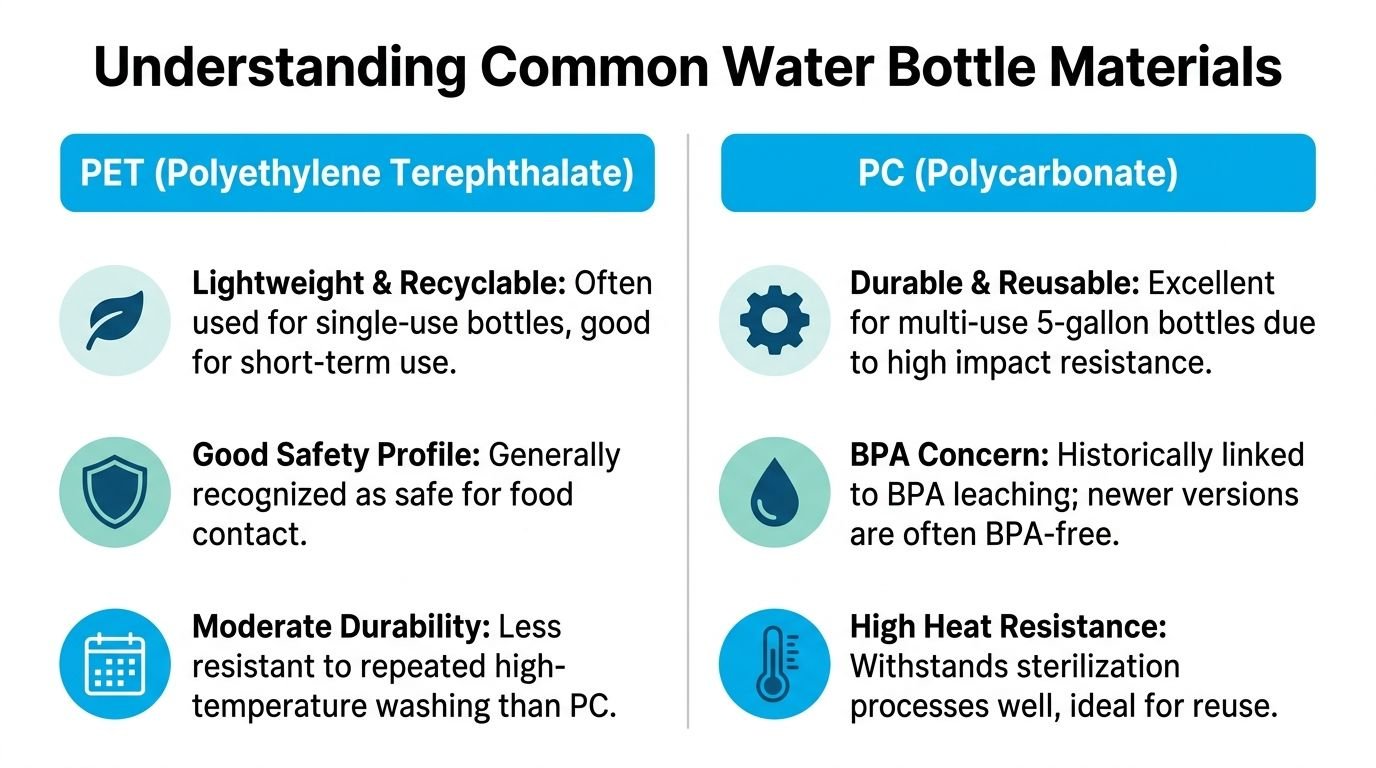 A comparison chart outlining the differences between PET and PC materials used in water bottle manufacturing.
