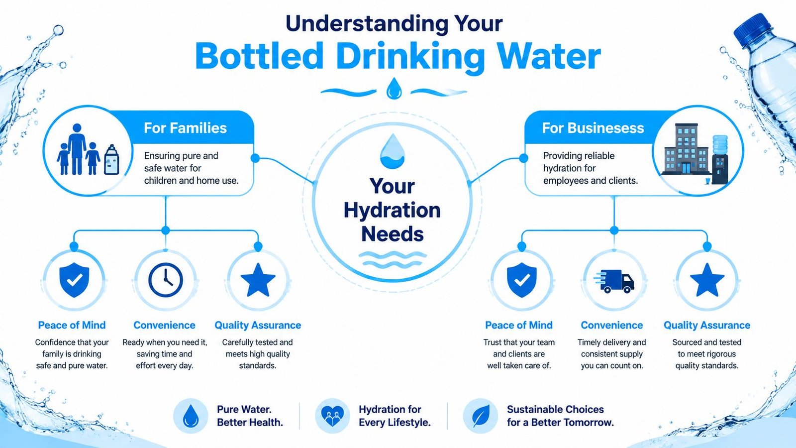 An infographic detailing the benefits of bottled drinking water for families and business needs.