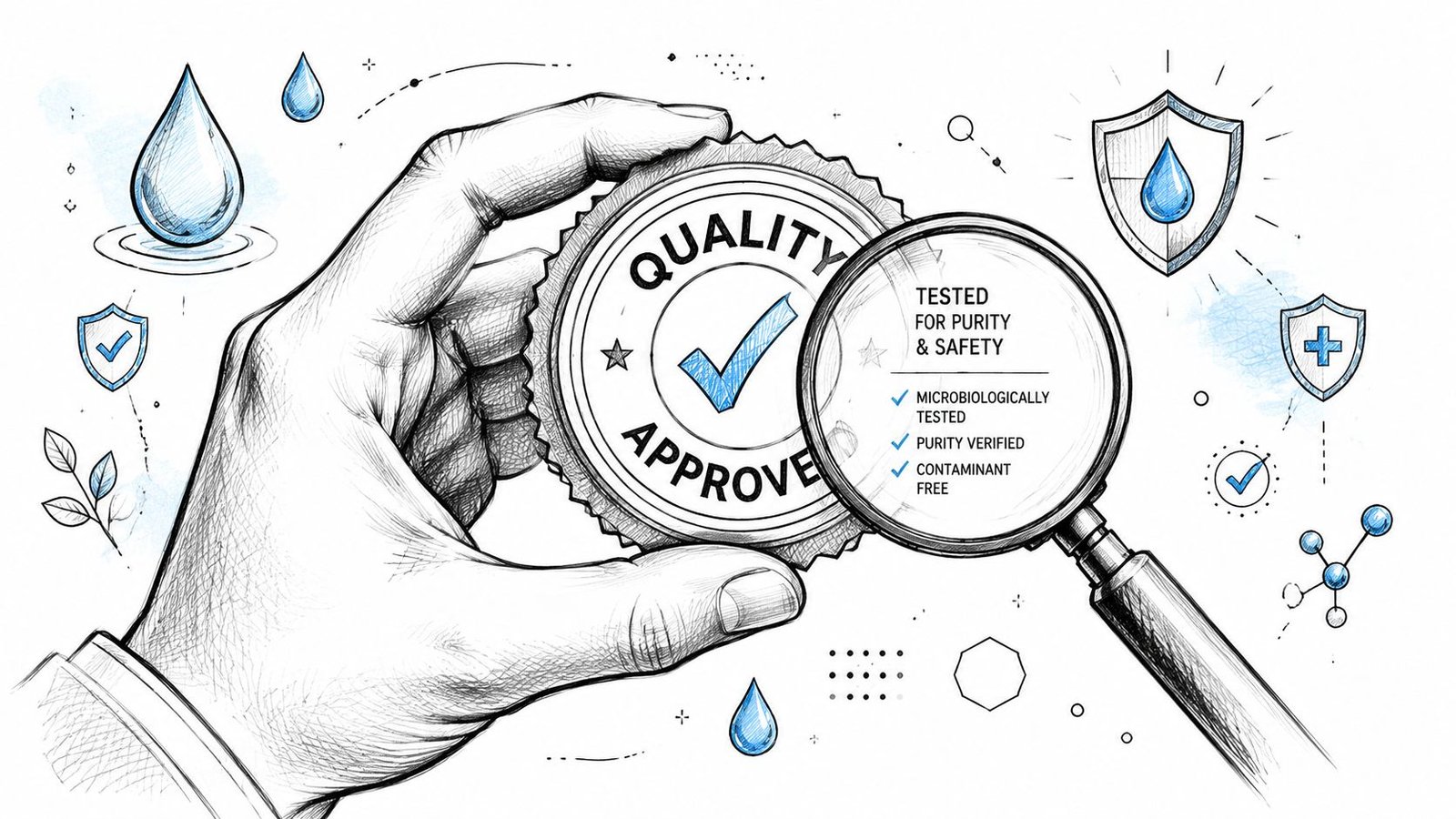 A hand holding a quality approved seal while inspecting it with a magnifying glass for purity standards.