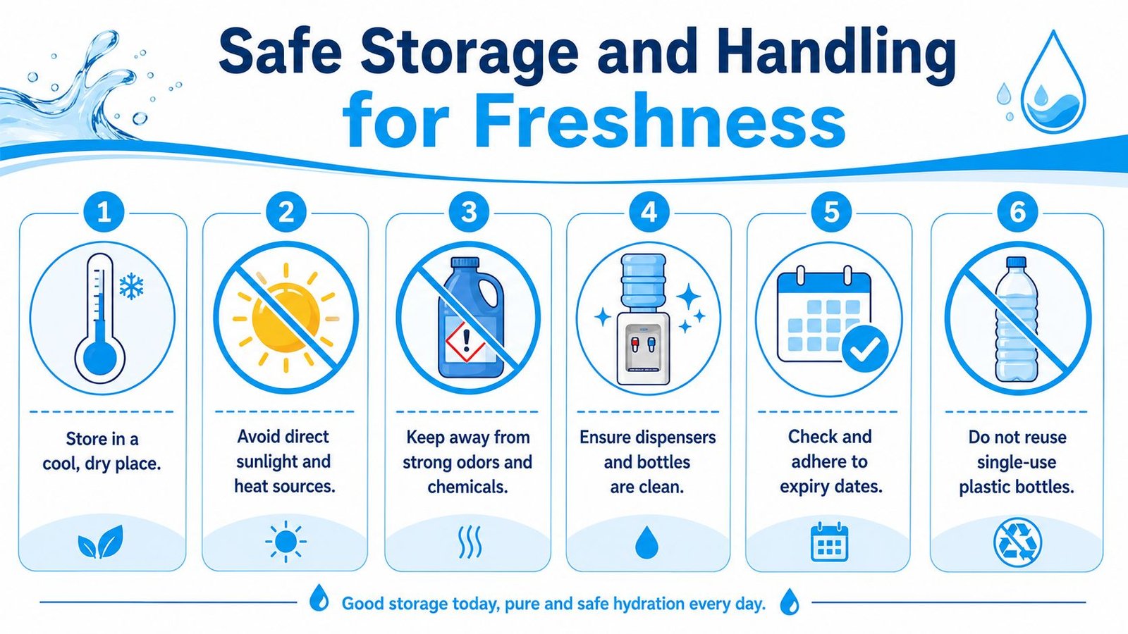 An infographic detailing six essential tips for the safe storage and handling of bottled drinking water.