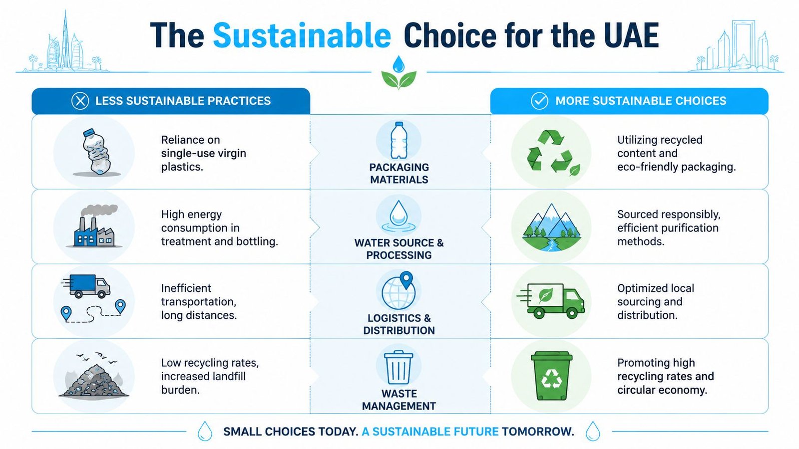 A comparative infographic illustrating less sustainable practices versus more sustainable choices for bottled drinking water.