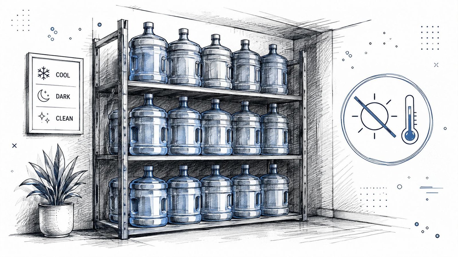 A pencil sketch of water bottles stored in a cool, dark, and clean environment on shelves.