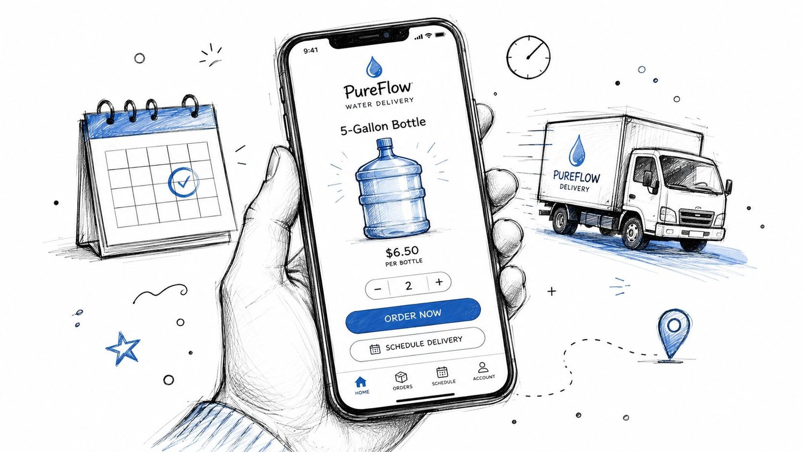 A hand holding a smartphone displaying the PureFlow water delivery app to order bottled water.