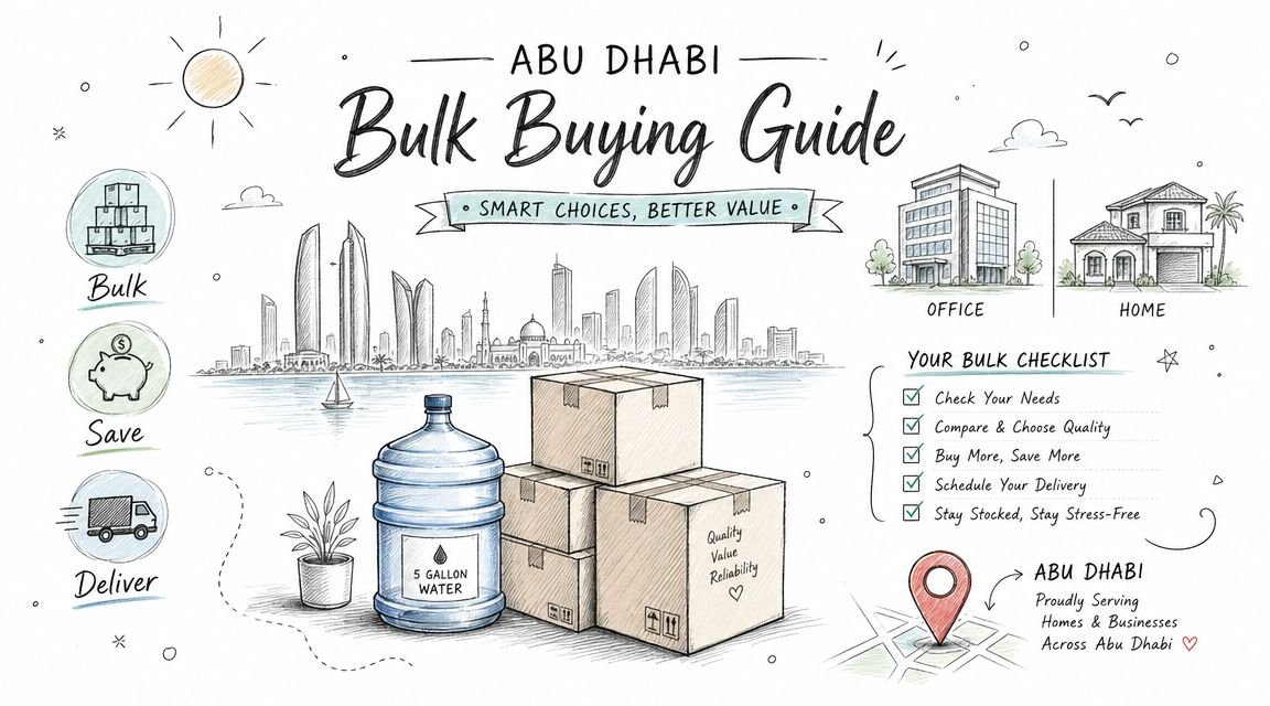 A hand-drawn illustration guide for bulk shopping in Abu Dhabi for homes and offices.
